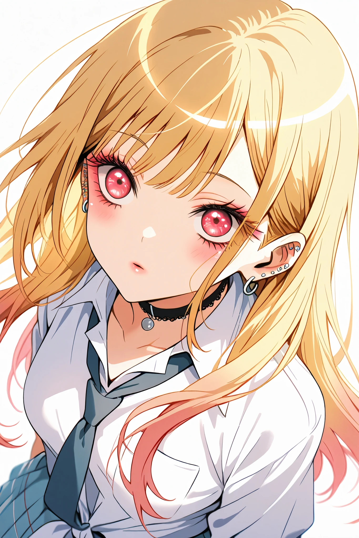 marin_kitagawa,
long hair,bangs,blonde hair,red eyes,colorful hair,
white background,white shirts,
look up,from above