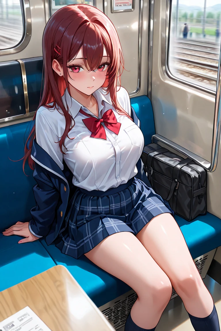 schoolgirl, ponytails, red hair, shy, erotic, small breast, garter belt, without panties, on the train, sit down, open shirt, legs spread, close to pussy, shaved pussy, fingering pussy, stick out buttocks, cum, back view