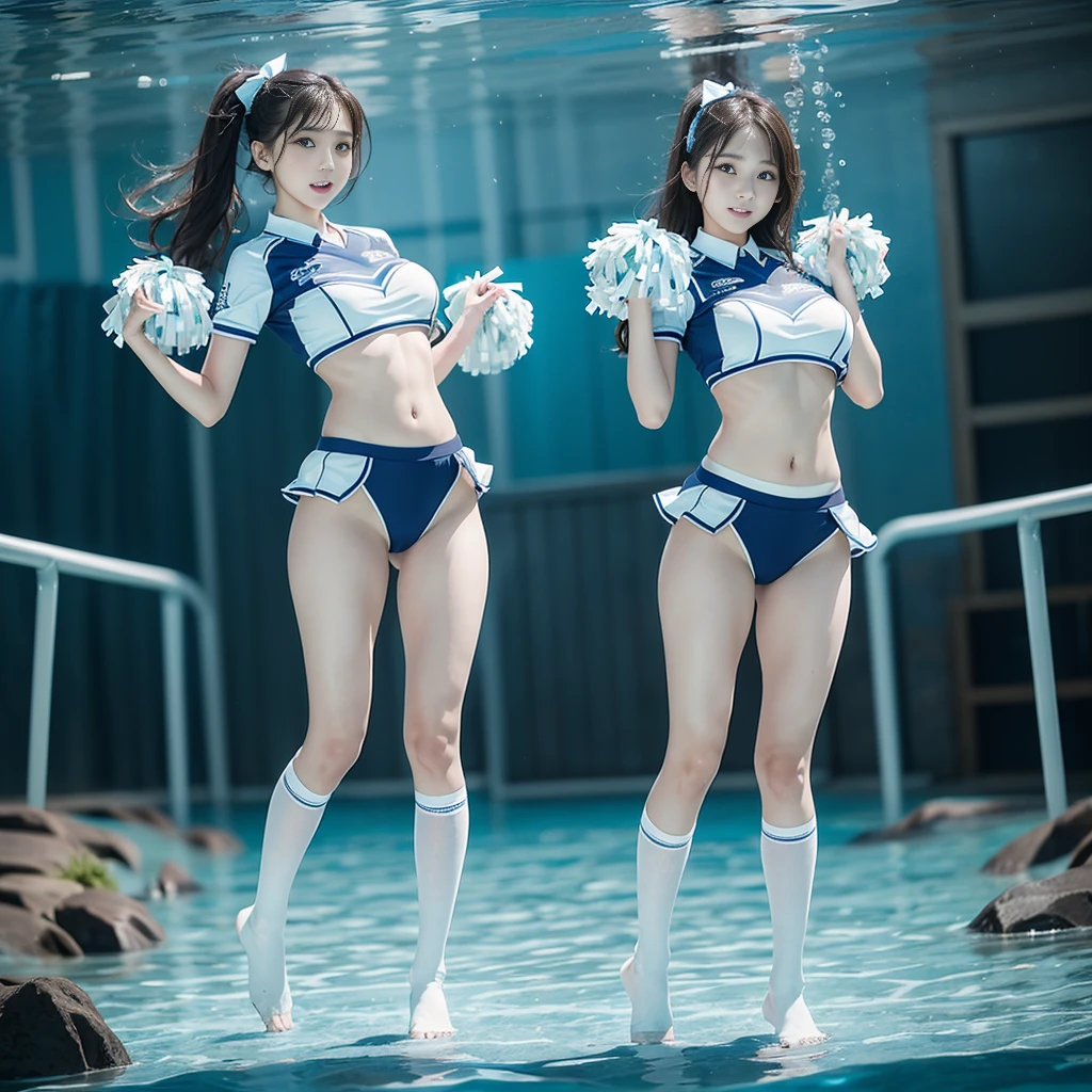 Indoor swimming pool on the 180th floor of the gate of Shanghai Tower，Sports Center，There were five little girls wearing openwork translucent stockings，Pouting and smiling，is shy，Pout，Pink, gold, White, Blue, Five colors, Two-tailed hair and cyan eyes，Anime little girl in servant costume