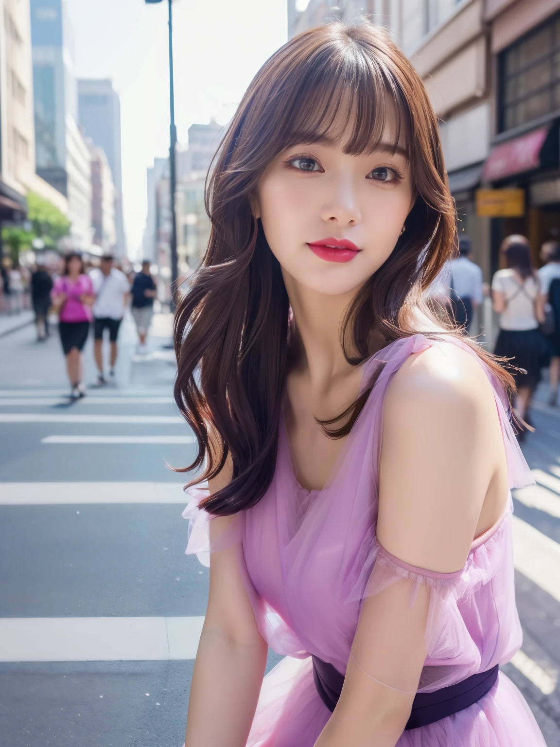 (RAW Photos, highest quality), (Realistic, Photorealistic:1.4), (Masterpiece), (Highest quality), High resolution, 8K resolution, (Intricate details), (Volumetric Light), Portraiture, woman, 30 years old, Medium Hair, Layered Hair, Brown Hair, Highly detailed eyes, Source order, Very thin eyebrows, Highly detailed skin, Highly detailed mouth, Highly detailed nose, Cute like an idol, Slender body, smile, ((Pink lipstick)), (An elegant and transparent Deep purple see through short sleeved dress : 1.2), ((Random Body Orientation)), Sunny day cityscape background, Face looking at camera, ((waist shot)),