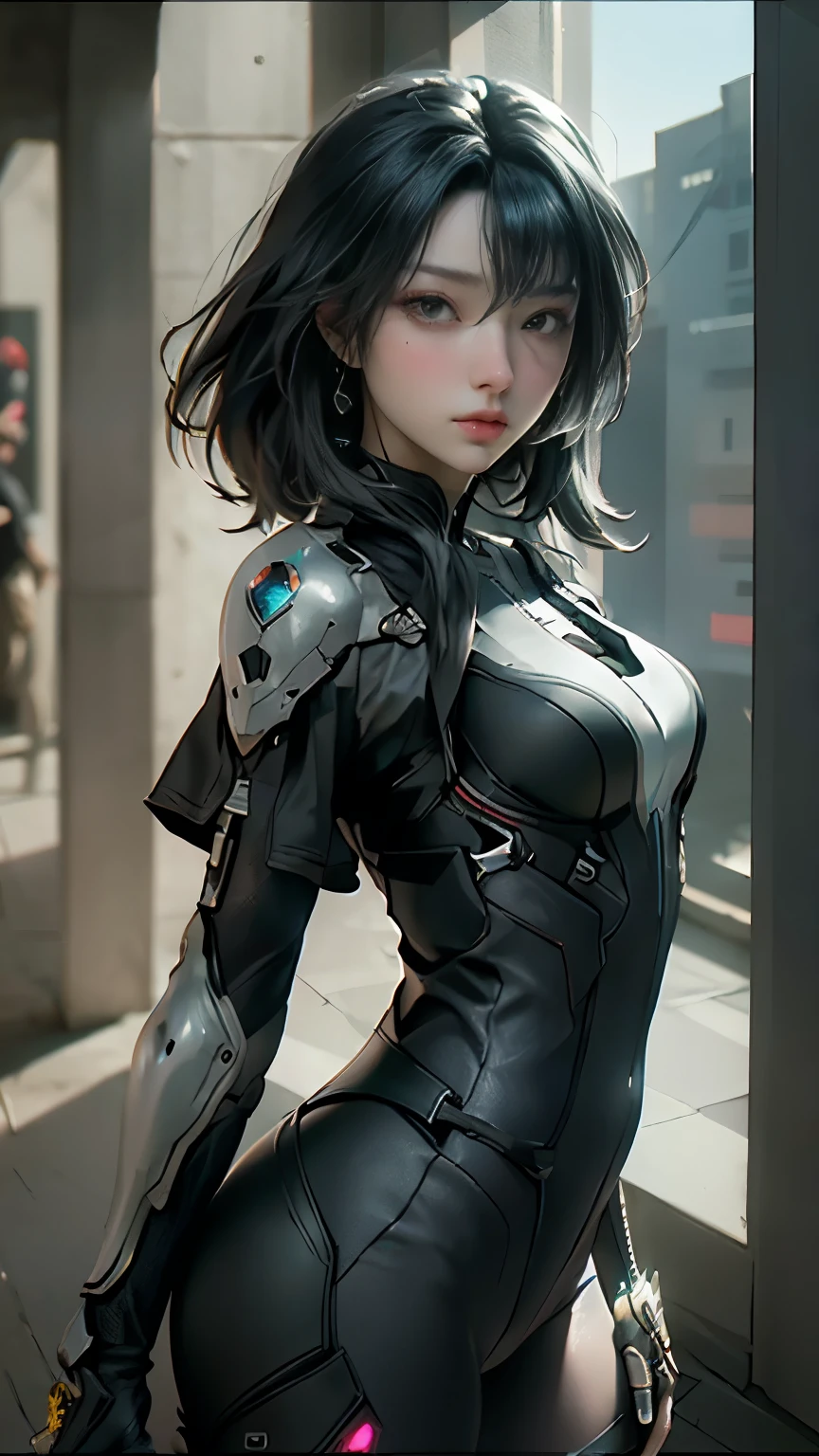 8K、Mechanical Lloyd with short black hair、skeleton mechanical roid girl、girl with exposed skeleton、detailed digital anime art、Glowing LED(effect)U3D rendering character art 8K、photorealistic girl rendering、8K high quality detail art、2。5d cgi anime fantasy artwork、Beautiful girl mechanical roid、Guweiz style artwork,超A high resolution,Super realistic texture,masterpiece,Photorealistic RAW photos of the highest quality。bright colors,rich colors, Backlight, cinematic lighting, film grain, to be born, 50MM lens, Nikon D850,super realistic skin,fantasy art,character art,ultra high resolution,realistic scale skin,Perfect hand shape,view audience,beautiful expression,Close-up,Camera eye effect with red left eye),Mechanical parts are exposed in several places.,Medieval port town,brown and black adventurer equipment,terminator,