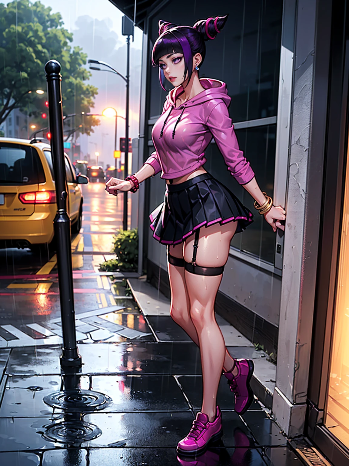 Full Body Fishnet Stockings, masterpiece, a high resolution, ultra-detailed, High quality, Gorgeous girl, big breasts big ass, Slim waist, short flowing skirt, Short top, stockings with hangers, hot pink long hair, cosplay, park, ((rain)), Wet clothes, all wet,