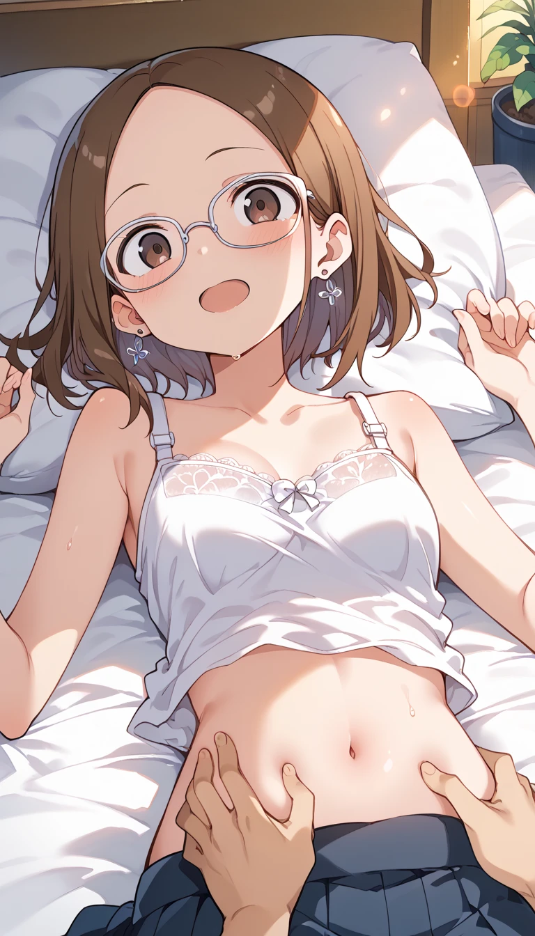 ultra-detailliert, Best Quality, High resolution, animesque、 ((A cute little girl with black hair and big sagging eyes wears large round glasses.))、Pretty eyes、Detailed eye depiction、Eye sparkle、deep detailed eyes, Looking at Viewer, pale skin、(((Petite))), (flat chest:1.5), (blush:1.2), (big eye:1.5), happy smile, Lying on your back in bed, Focus on the face, Long hair, ((super close up of tongue)), (((from above))), open mouth, ((face only)), White Nightgown、 ((naked))