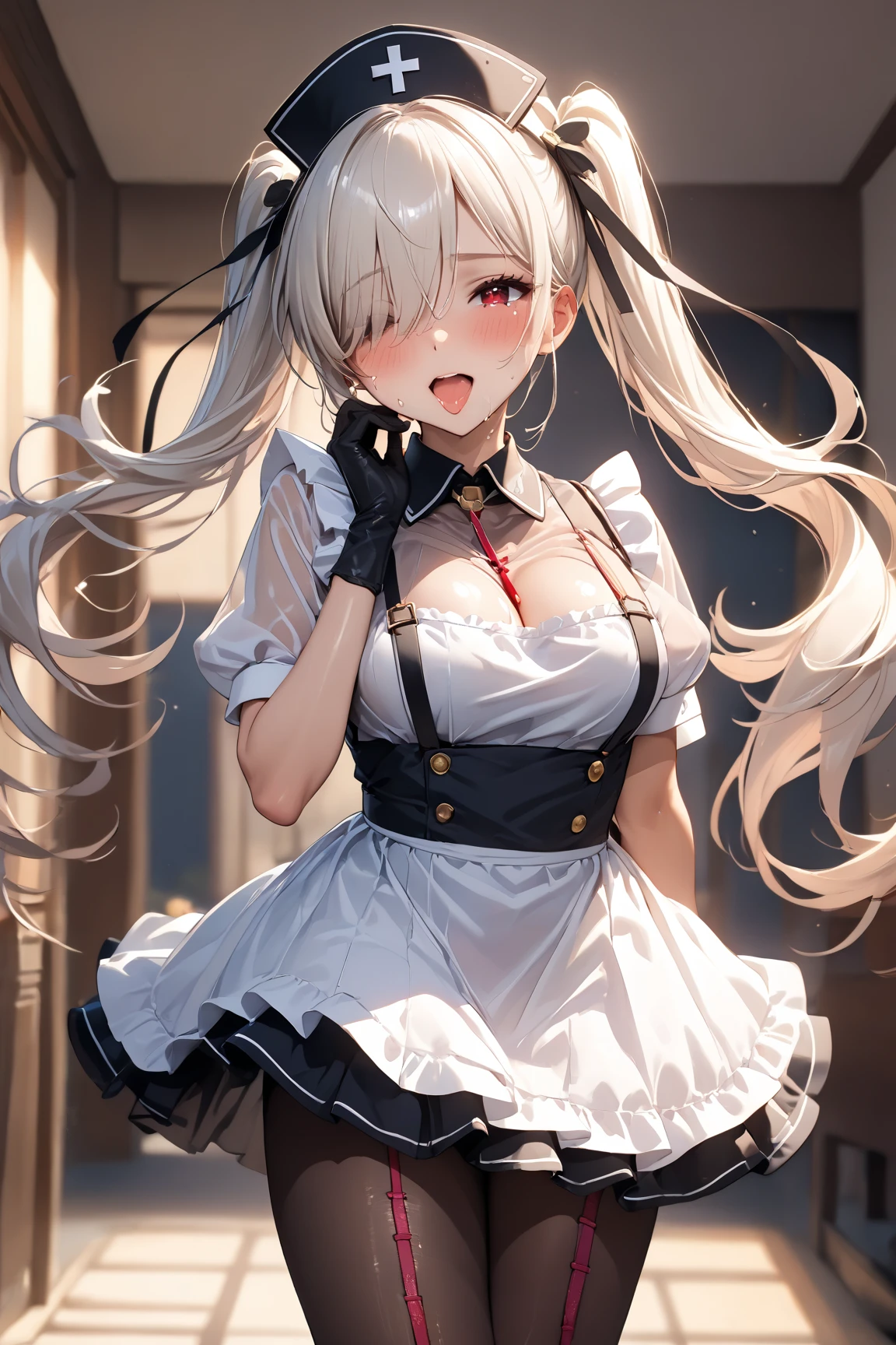 1girl, blonde hair, long hair, ribbon, red eyes, two side up, hair ribbon, hair ornament, black ribbon, ahoge, medium breasts, blush, very long hair, bangs, (maid:1.2), looking at viewer, (skirt lift:1.2), lifted by self,, classroom, open window, cherry blossoms, river