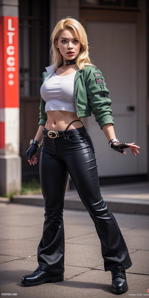 8k, masterpiece, best quality, ultra-detailed, sonyablade, 1girl, solo, long hair, blonde hair, cute blue eyes, breasts, choker, crop top, cropped green jacket, black fingerless gloves, full body, highleg panties, jacket, combat boots, lipstick, makeup, (abs:0.3), midriff, navel, black pants(Wide flares on pants:1.2),
