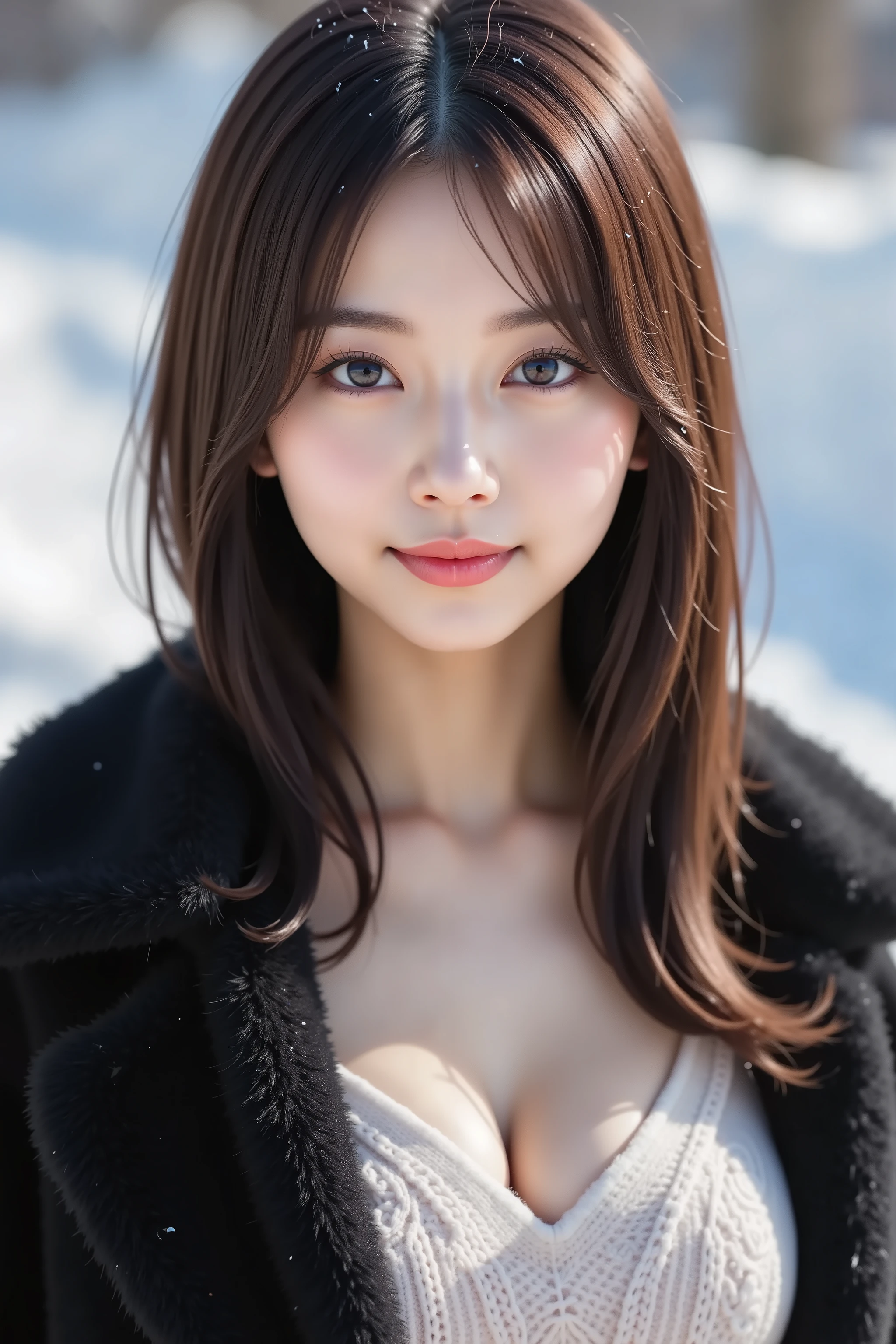 face positioned accurately in the center of the image , Upper chest , illustration of a woman with a penis , I can clearly see my face 、 snowy black fur coat, Outside a snowy winter landscape, long hair、bungs, smile, young and cute Japanese face , Official Art, high quality CG Unity 8k wallpaper,Ultra high quality , very detailed, high quality , FILM GRAIN , lens flare glow , top quality ,8k, snowy black fur coat as a ,8k, viewer , masterpiece,top quality ,very detailed, it's cute , sexy,very detailedな,Detailed Features ,beautiful, illustration with a woman's penis , beautiful Japanese woman, Women's 1 , tight breasts