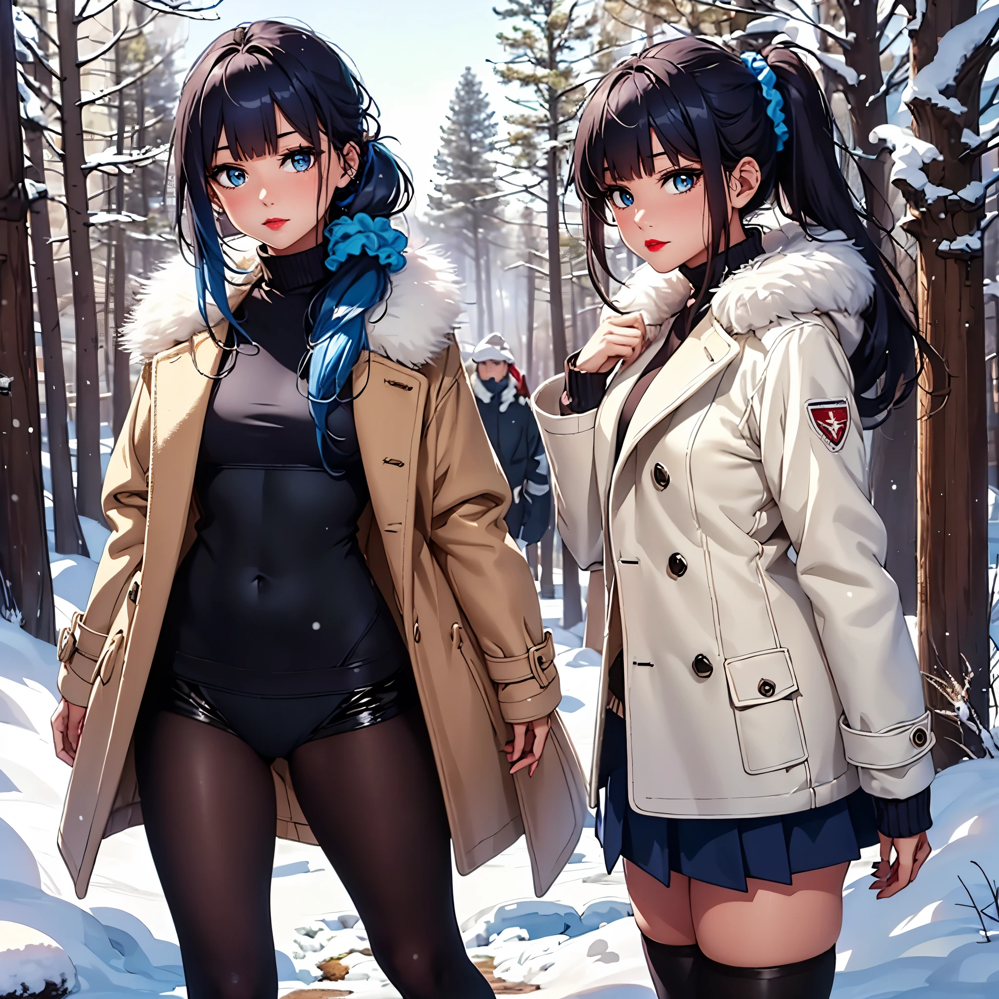 (1 girl, alone, alone), ((Gundou , Gundou_, black hair, dark eyes, tied hair, Hair with bangs, Blue Scrunchie, Blue hair clip)), ((alone, (1 Female, dark eyes, small bust), very detailed, Soft indirect lighting, 4K , Perfect Eyes, perfect face , perfect lighting, The first girl)), ((fitness, muscular, nice looking body, athletic body, toned body)), (Warm clothes , overcoat, Fur Coat, sweater , Leather Skirt, tights, high heel boots, mountain environment, snow, sunny day, forest, tundra forest, xuer white Fur Coat, dynamic pose, red lipstick, Blue lining)),
cowboy shot,dutch angle,I can see panties,white panty