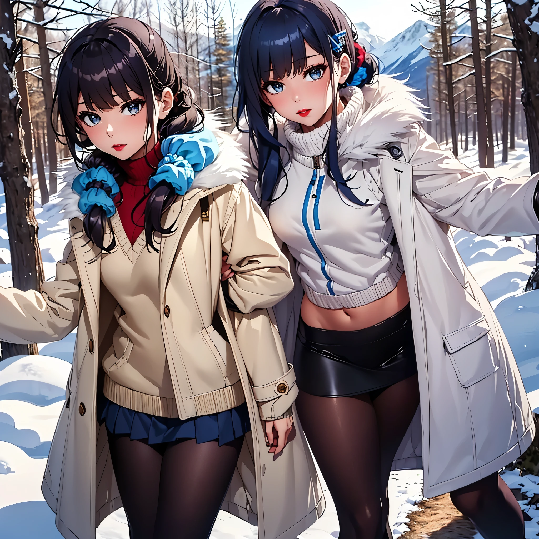 (1 girl, alone, alone), ((Gundou , Gundou_, black hair, dark eyes, tied hair, Hair with bangs, Blue Scrunchie, Blue hair clip)), ((alone, (1 Female, dark eyes, small bust), very detailed, Soft indirect lighting, 4K , Perfect Eyes, perfect face , perfect lighting, The first girl)), ((fitness, muscular, nice looking body, athletic body, toned body)), (Warm clothes , overcoat, Fur Coat, sweater , Leather Skirt, tights, high heel boots, mountain environment, snow, sunny day, forest, tundra forest, xuer white Fur Coat, dynamic pose, red lipstick, Blue lining)),
cowboy shot,dutch angle,I can see panties,white panty