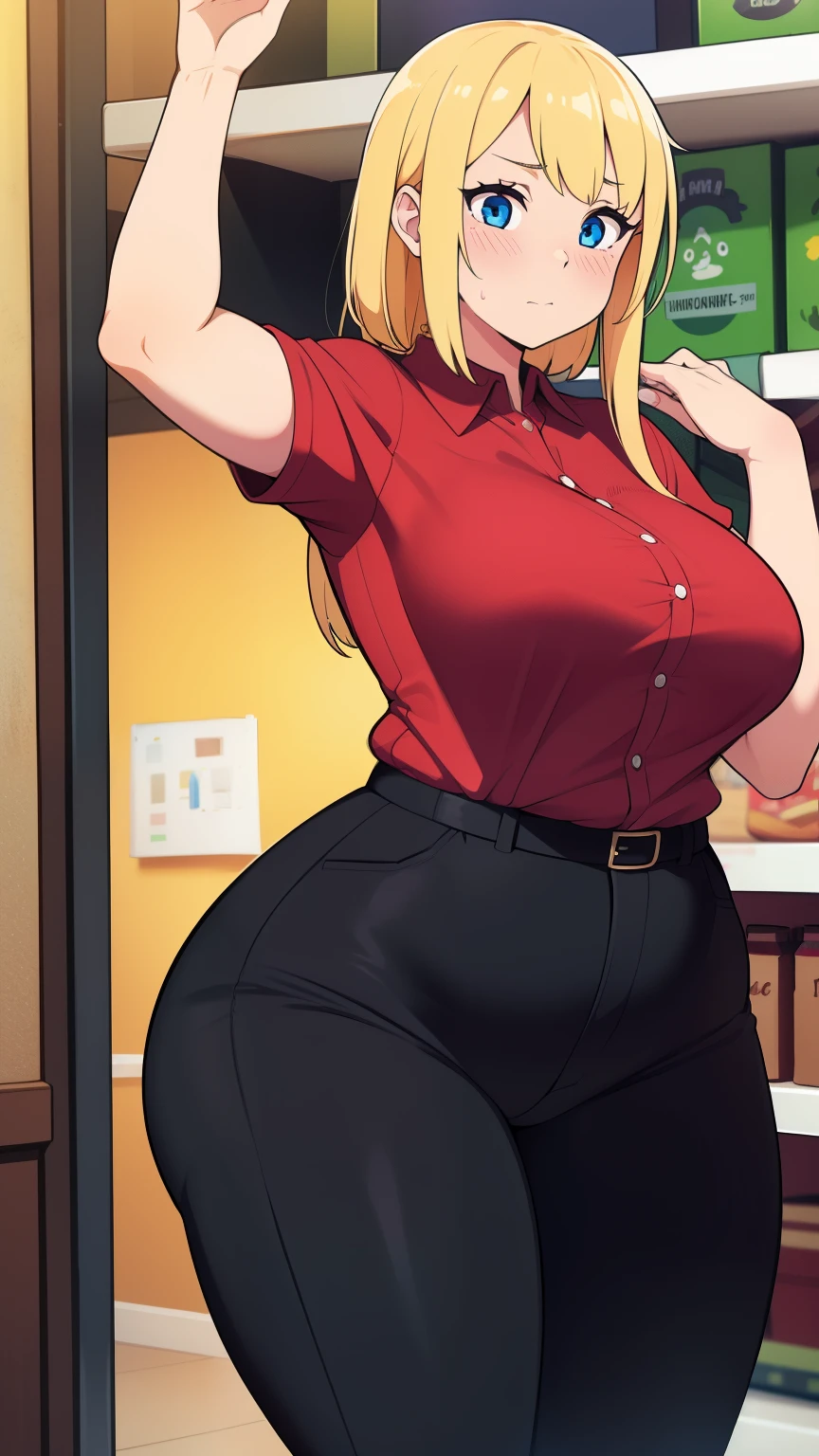 ((highres)), Masterpiece, high quality, best quality, beautiful, perfect lighting, detailed face, ultra cute face, ((1girl)), ((blush)), long blonde hair, blue eyes, red shirt, black pants, work uniform, tight clothes, super market, medium breasts, perky breasts, wide hips, thick thighs, (chubby), chubby belly,