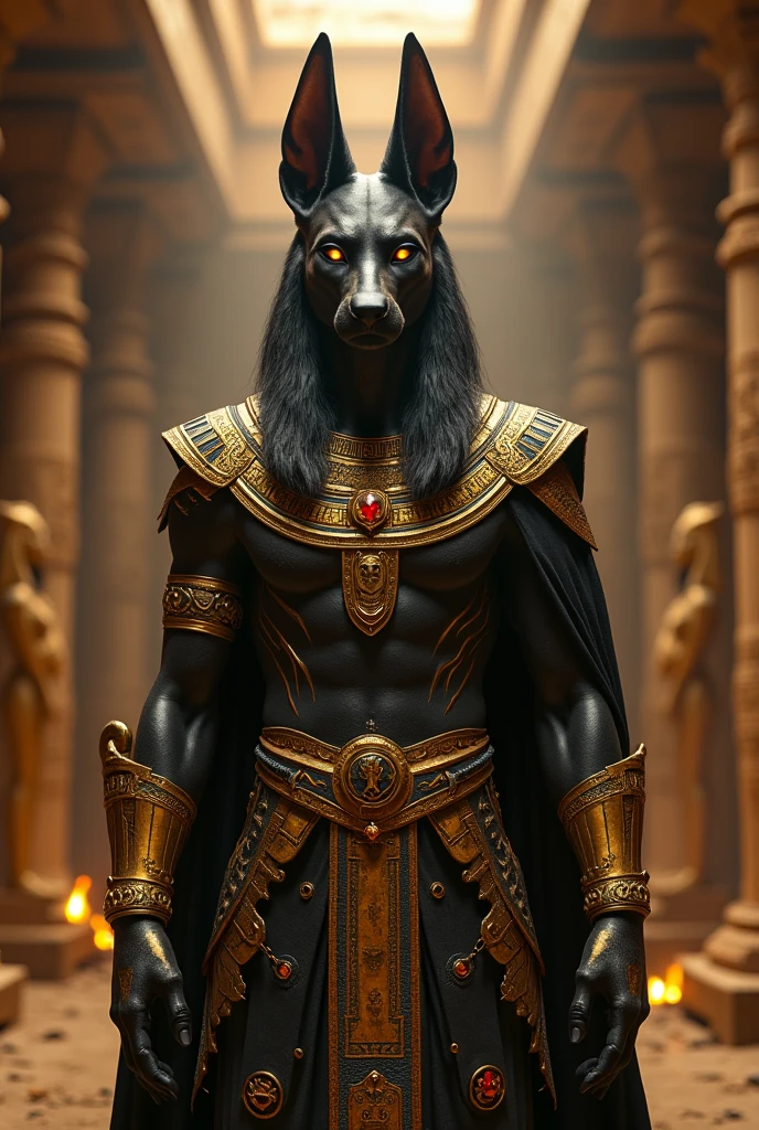 ((realistic)), upload on e621, by Garmash,Ruan Jia, darkgem, anthro, male, ((( detailed fluffy fur))), ((sitting)), detailed realistic painting, (((biceped))), (((shaded))) extreme detail, ((anubis)), loincloth, black body