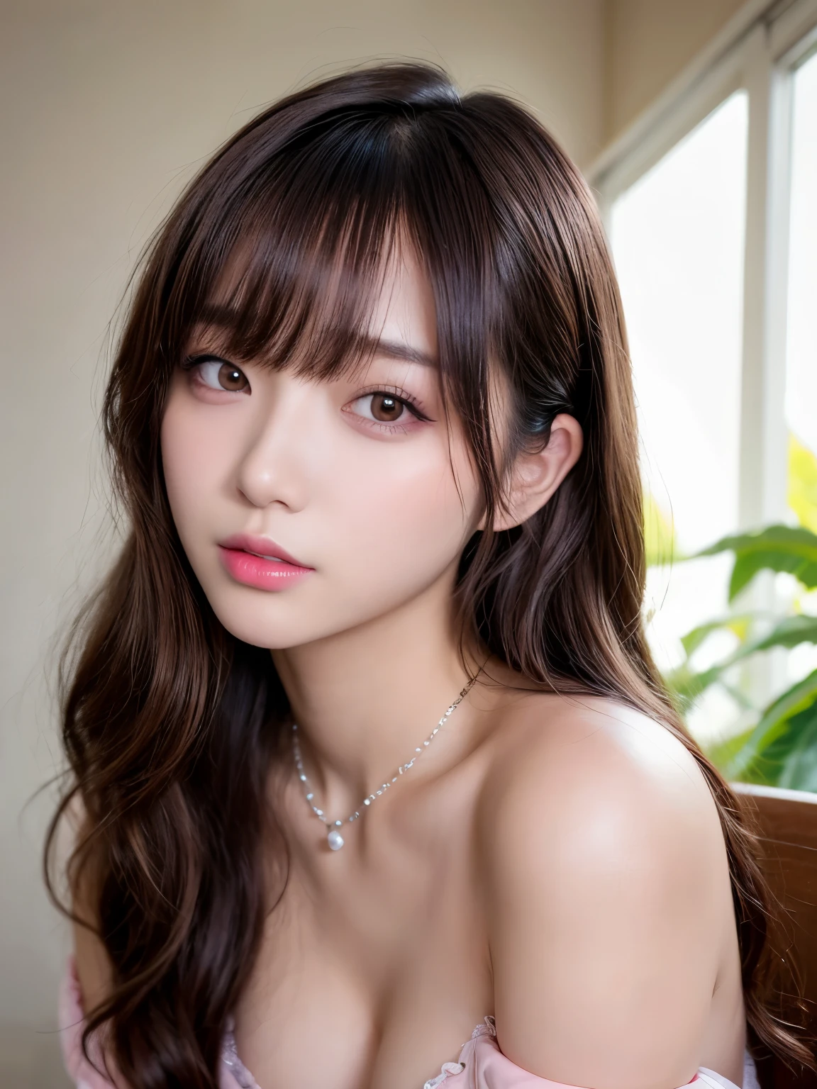 Canon RF85mm f/1.2,masterpiece,best quality,ultra highres,vc,1 girl,(korean mixed,kpop idol:1.2),solo,white_shiny_skin,black eyes,necklace,((brown_short_wavy_hair)),((pink_shiny_lips)),eyelashes,bangs,aface,make-up,shiny,Pore,skin texture,bracelet,offshoulder,see-through,big breasts