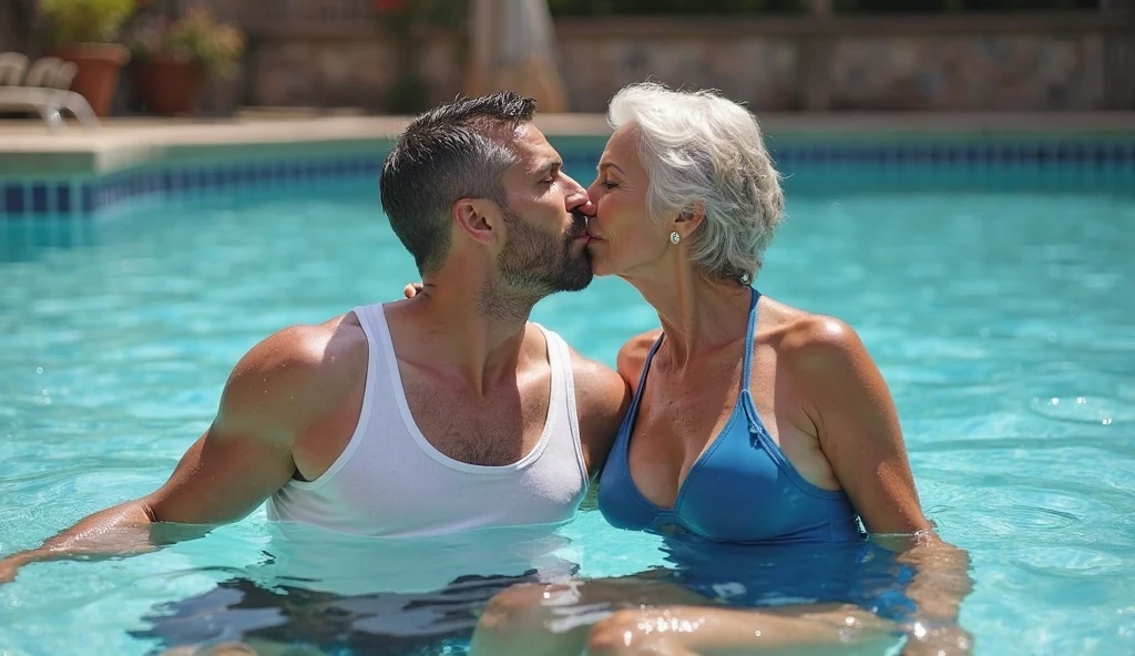 Grandmother mother wearing yellow bikini, mother having huge boobs and huge ass, grandmother kissing boy passionately while standing near the pool, boy wearing trousers