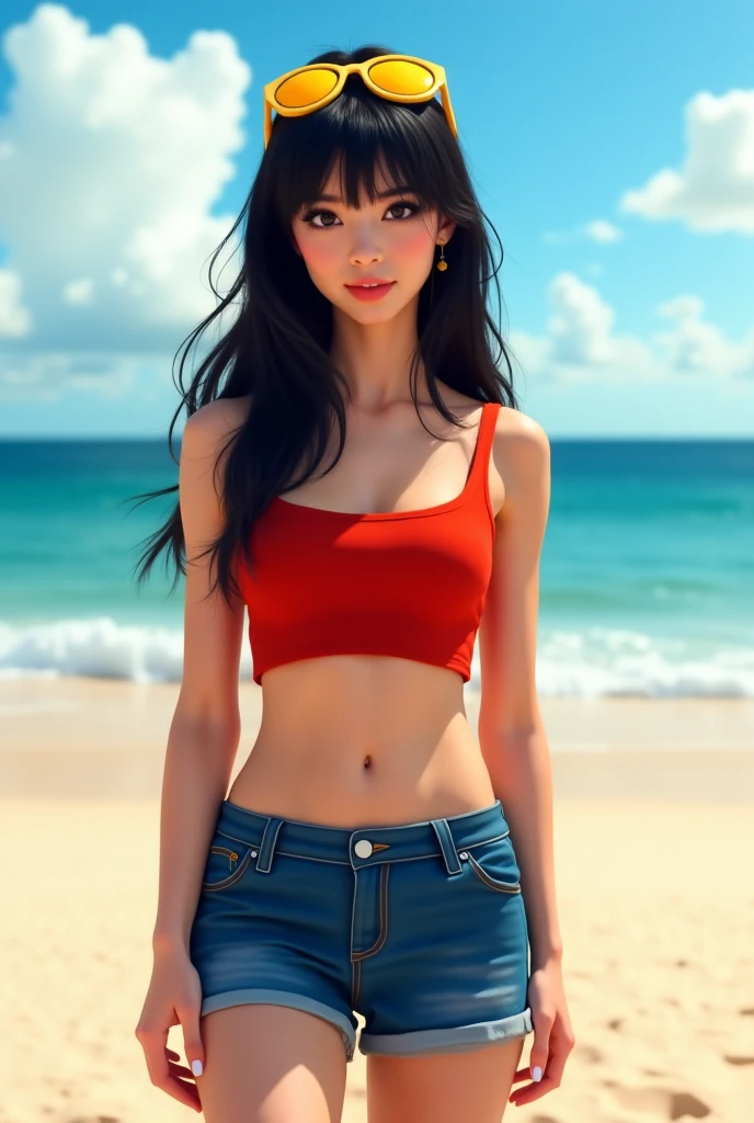 Girl, brunette, light, thin, medium breasts, medium butt, muscular belly, navel out, tight jeans, jeans modeling your body, red top, small eyes, thin eyebrows, round nose, small mouth, thin lips, brown eyes, detailed toast, turned legs, rastafari hair, hair fulfilled, earrings, walking on the beach, at night