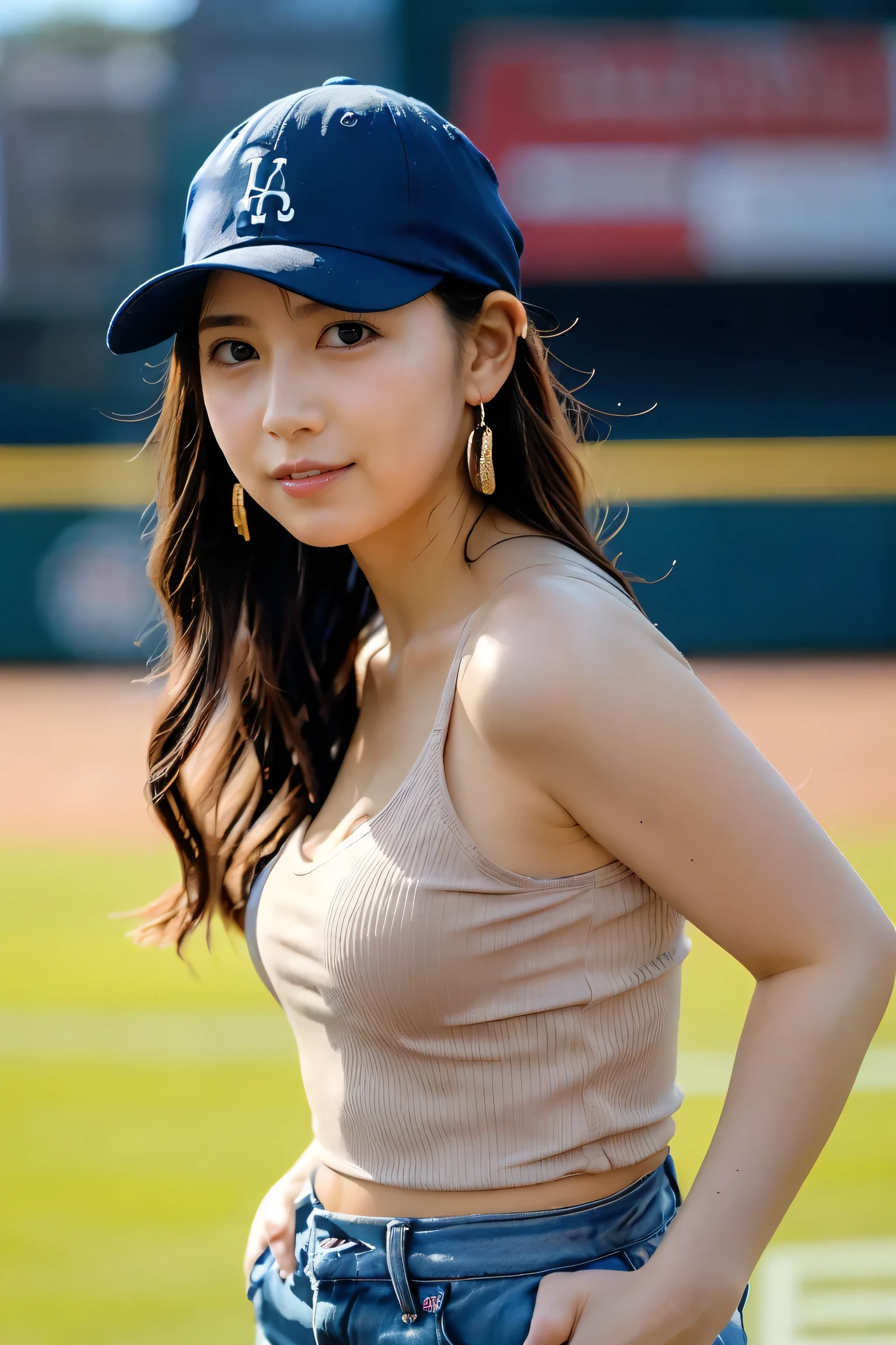 smile、Baseball cap、(baseball uniform:1.3)、( Dodgers:1.3)、(hot pants:1.3)、( wristband :1.3)、 ( 1 female ) 、Like々fresh skin Shiny Melting Wet Skin Shiny Oiled Skin , High image quality , Baseball Stadium,
1girl , brown hair, medium hair, brown eyes, full body, simple background, white background,
break ,earrings、(full body:1.3)、
、 stylish hair 、 fluffy hair 、
( beautiful woman), ( Detailed Facial Features :1.3),
break smile,
break (detailed skin:1.2),(shiny skin:1.1),8k,best quality, masterpiece, ultra high res, (Photorealistic:1.4), RAW photo,
break 1woman,
