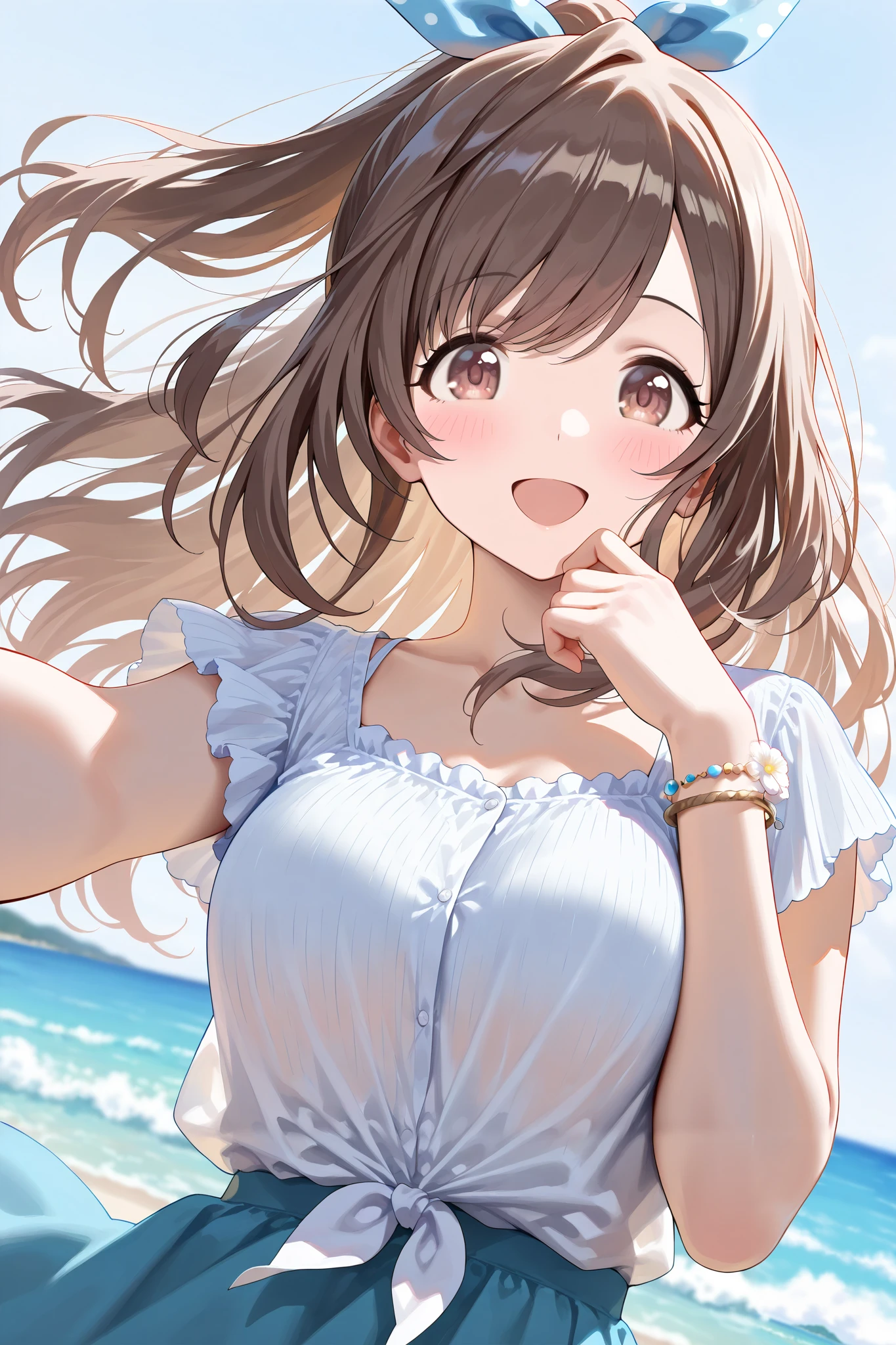 (Masterpiece:1.2), (Highest quality:1.1),
(Very detailed), (The best shape), (Best shadow), (Absurd), (Detailed Background), (So beautiful),
Shiny, Beautiful eyes in every detail, Extraordinary, Countershading, 8k, 32K, High resolution,
Very Detailed CG ,
Score_9, Score_8_up, Score_7_up, Source_anime,
(Pastel painting:1.2), (Watercolor painting:1.2),
(Masterpiece, Detailed:1.2), (Foreshortening:1.2),
Cinematic, Dramatic, (Depth of field:1.4),
(Blurry background:1.4), (Realistic background:1.4),
1 girl, Solo, Dynamic angle, from below,
Outdoors, (Coast:1.2), Beach, Wind, (Blue sky:0.8),
Tsukioka Kogane,
the idolmaster shiny colors,
(Brown eyes:1.3), (Brown hair:1.1), Ponytail,
Hair ribbon, Light blue hair ribbon,
(Casual wear:1.3),
(Linen color shirt:1.4), Ruffled cuffs, (Shirt hem:1.2),
(Shirt with tied ends:1.3), short sleeves shirt,
Skirt, Blue skirt, (Gradient skirt:0.8),
Bracelet, Wear a bracelet on her right hand,
(Blush:1.3),
Portrait,
Close up shot,
(Belly button:0.5),
Happy, Smile,
Focus on face,
Realistic skin,
Shiny skin,