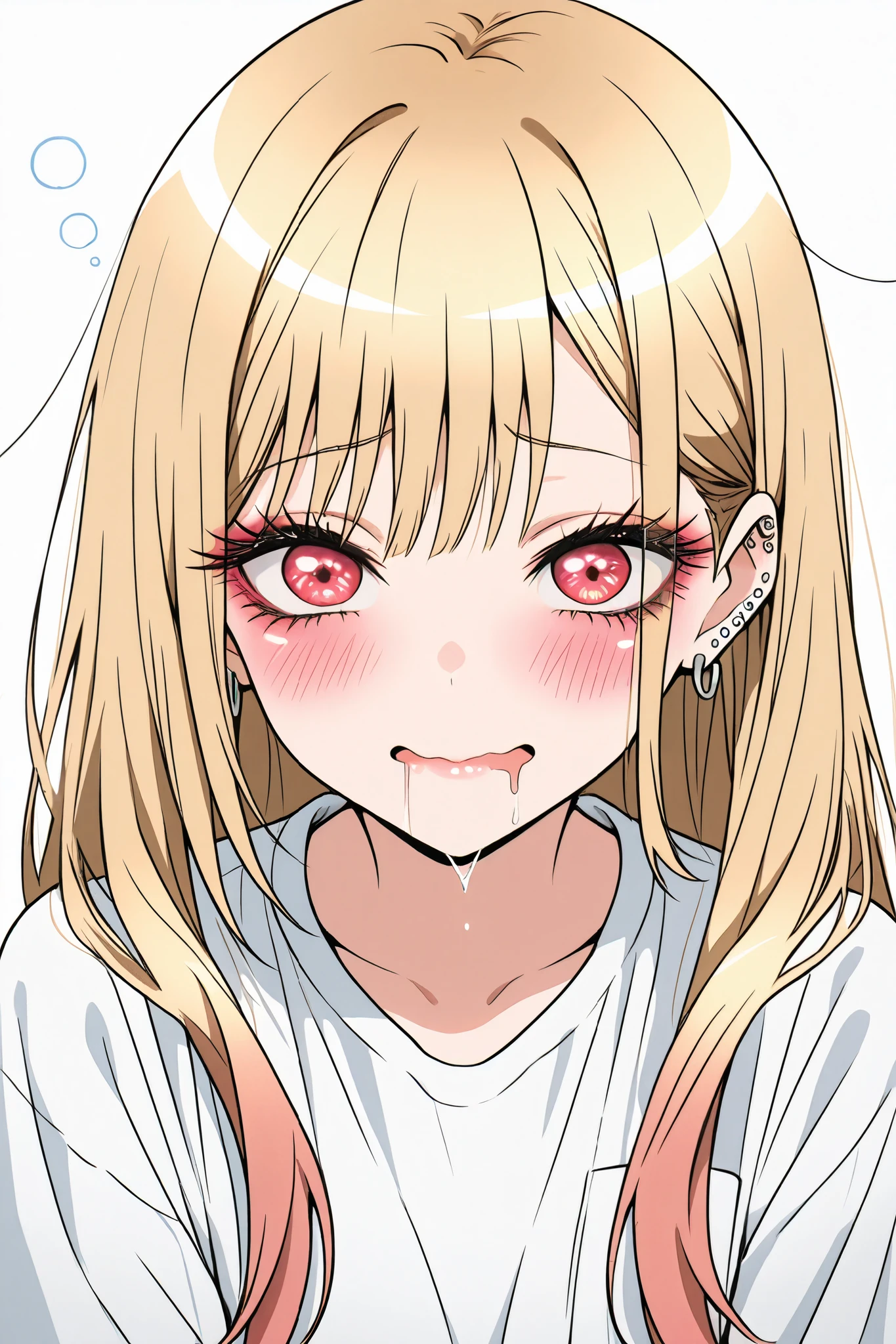 marin_kitagawa,1 female,solo,pretty,
white background,
upper body,from upper,
blonde,long hair,side part bang,cut bangs,
colored inner hair,
red eyes,beautiful eyes,
big eyes,slant eyes,sleepy eyes,
long eyelashes,
white shirts (1.3),
sulk,blushing,drooling,tearful eyes,
perfect face,beautiful skin,
anatomically correct,highest quality,
masterpiece,high image quality