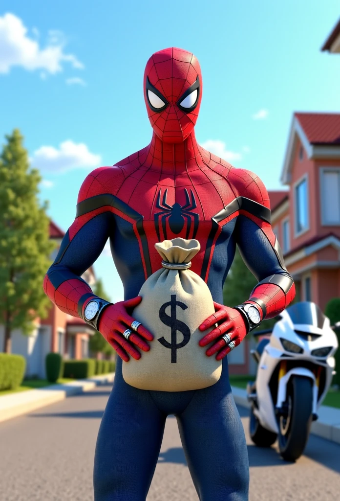 The image you've uploaded shows a humorous and exaggerated scene where a plus-sized Spider-Man is running down a city street with a large amount of cash, pursued by three police officers who are in a panic. The image has a comical and cartoonish tone, with the exaggerated proportions of Spider-Man adding to the humor.