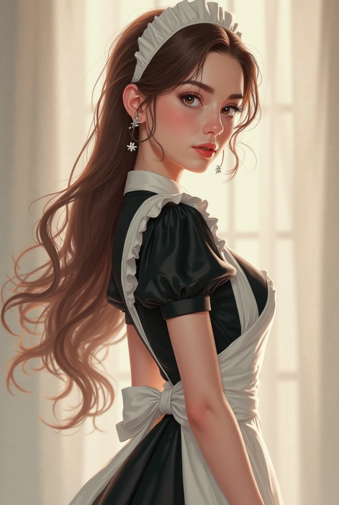 ((masterpiece, best quality)), (1girl), solo, (ButtLift), (ass support),brown hair, ((maid)), big breast, (maid dress), thigh strap, from behind, back, indoor, in the castle, medieval, looking at viewer, cowboy shot, --auto --s2