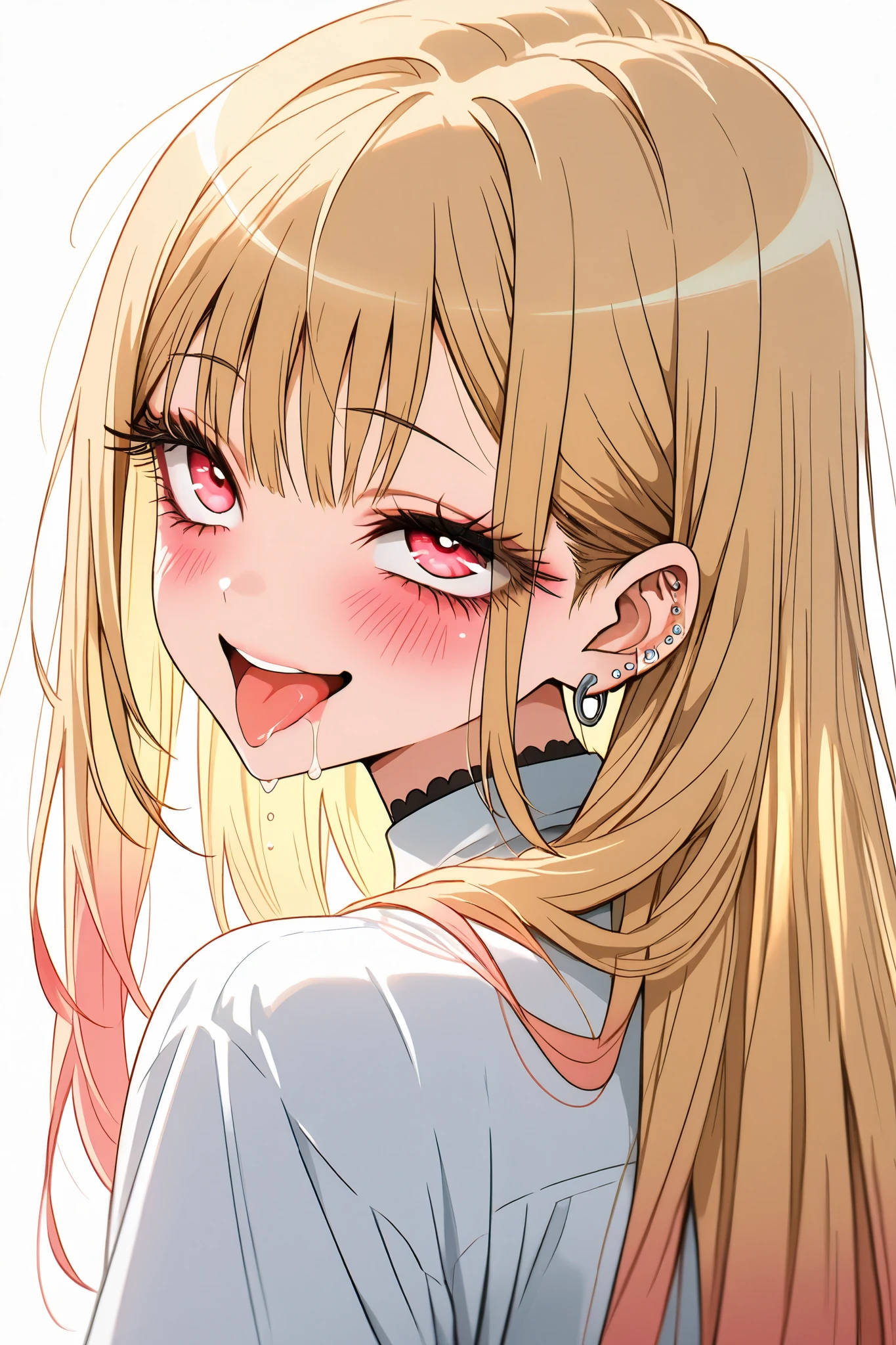 marin_kitagawa,1 female,solo,pretty,
white background,
upper body,from behind,
blonde,long hair,side part bang,cut bangs,
colored inner hair,
red eyes,beautiful eyes,
big eyes,slant eyes,sleepy eyes,
long eyelashes,
white shirts (1.3),
smile,blushing,drooling,tearful eyes,
rolling eyes,open mouth,tongue out,
perfect face,beautiful skin,
anatomically correct,Highest quality,
masterpiece,high image quality