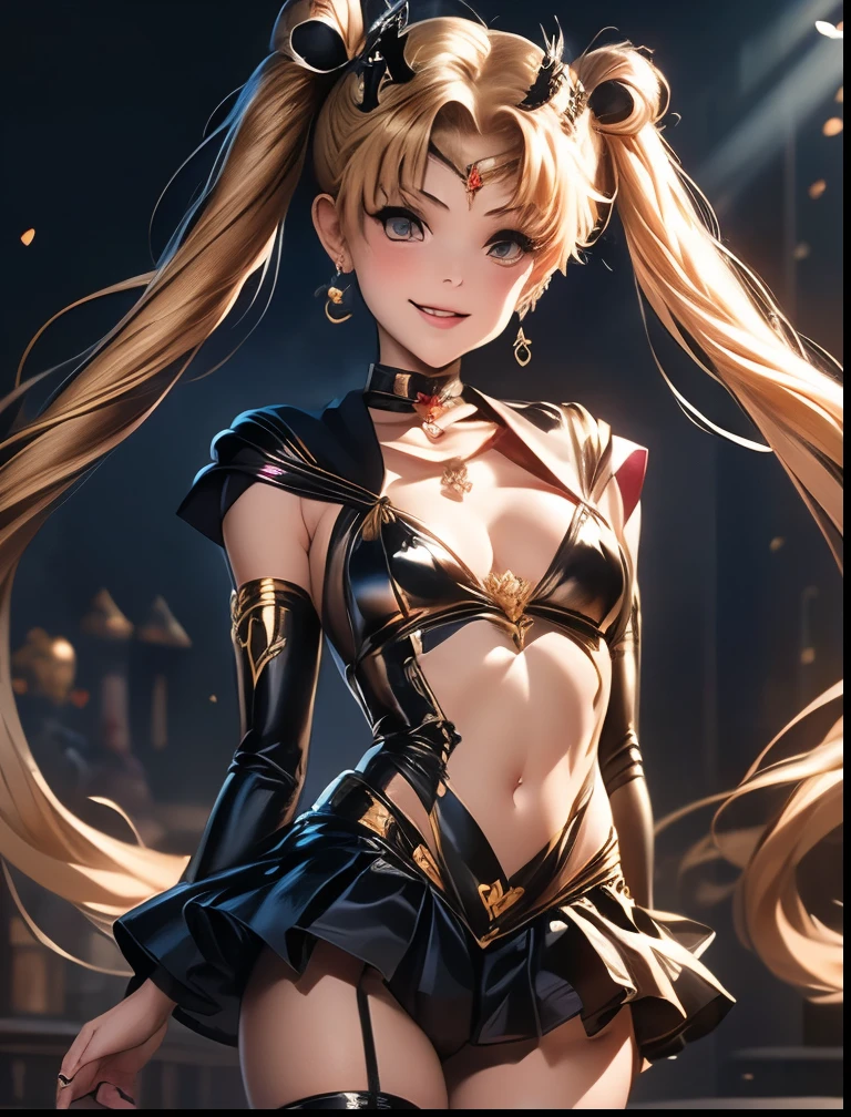 (((SFW、Highest quality、 first class masterpiece 、 normal body of a real person 、8k、 detailed faces 、super precise、 real color 、5refer to、Highest)))、Sailor Moon、sailorMoon、 Gold、twintails、Magic Girl、pretty girl、 can be used、 Navel Exposure 、Big Breasts、Chest Valley、Black tiara on the forehead、Black ribbon on the chest 、slender、 slim、High Leg Black Slingshot、Panchira super miniskirt、Open Legs Embarrassing Pose、 Open Legs Sexy Pose、Fall into Darkness、黒Sailor Moon、heart on navel dirty tattoo、heart on chest dirty tattoo、Heart tattoo on body、dark light、evil magic particle、Hypnosis、Hypnotic、Eyes that shine in a heart pattern、hollow eyes、Chain Lead Slave Iron Collar、Female slave、Brain washing is complete、kind smile、embarrassed blush、ChainBondage、A lot of chains、Trembling violently and panting、Looks happy、open your mouth、stick out your tongue、 salivate、aheface、SM、Candledrop Punishment