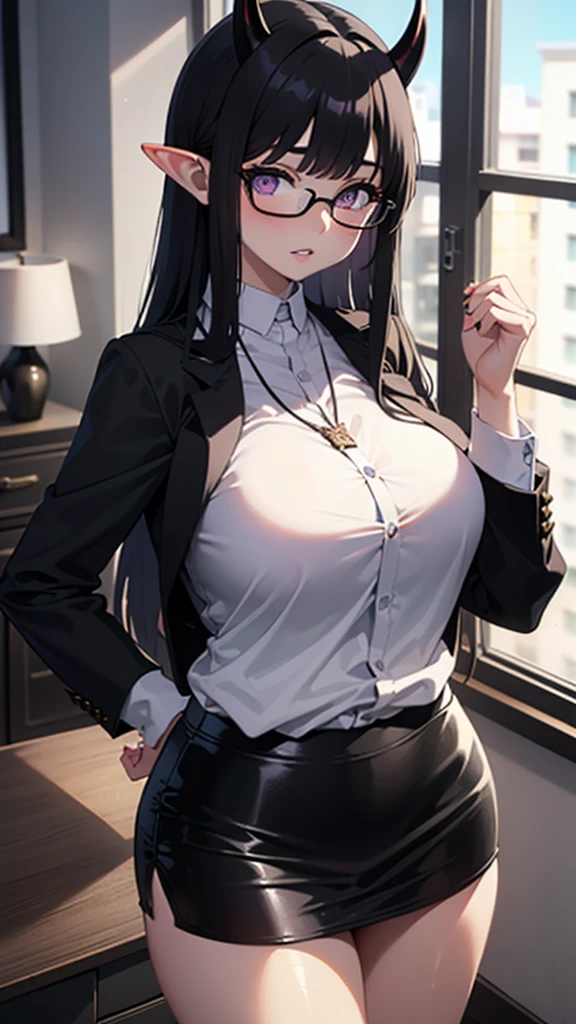 Black Hair,Hair tied up,Braided hair、Long Hair,Red eyes,Big Breasts,suit,black-suit,Black Pantyhose,mini skirt,23 year old sister、Ultra-high resolution、Ultra HD、Big nipples.Black nipples、large-
