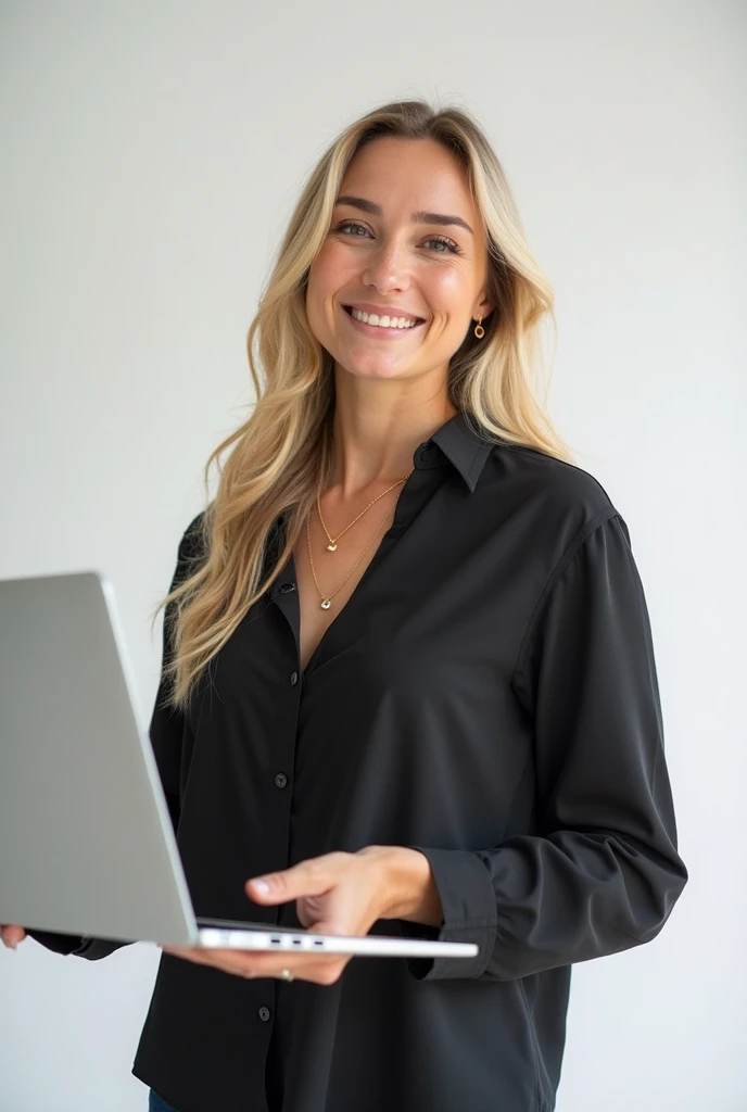 RAW Photo, DSLR BREAK a young woman with blonde hair, (big smile:0.8), (smile:0.5), wearing white collar buttoned shirt and black trousers, formal clothes, (looking at viewer), focused, (modern and cozy office space), design agency office, spacious and open office, Scandinavian design space BREAK detailed, natural light