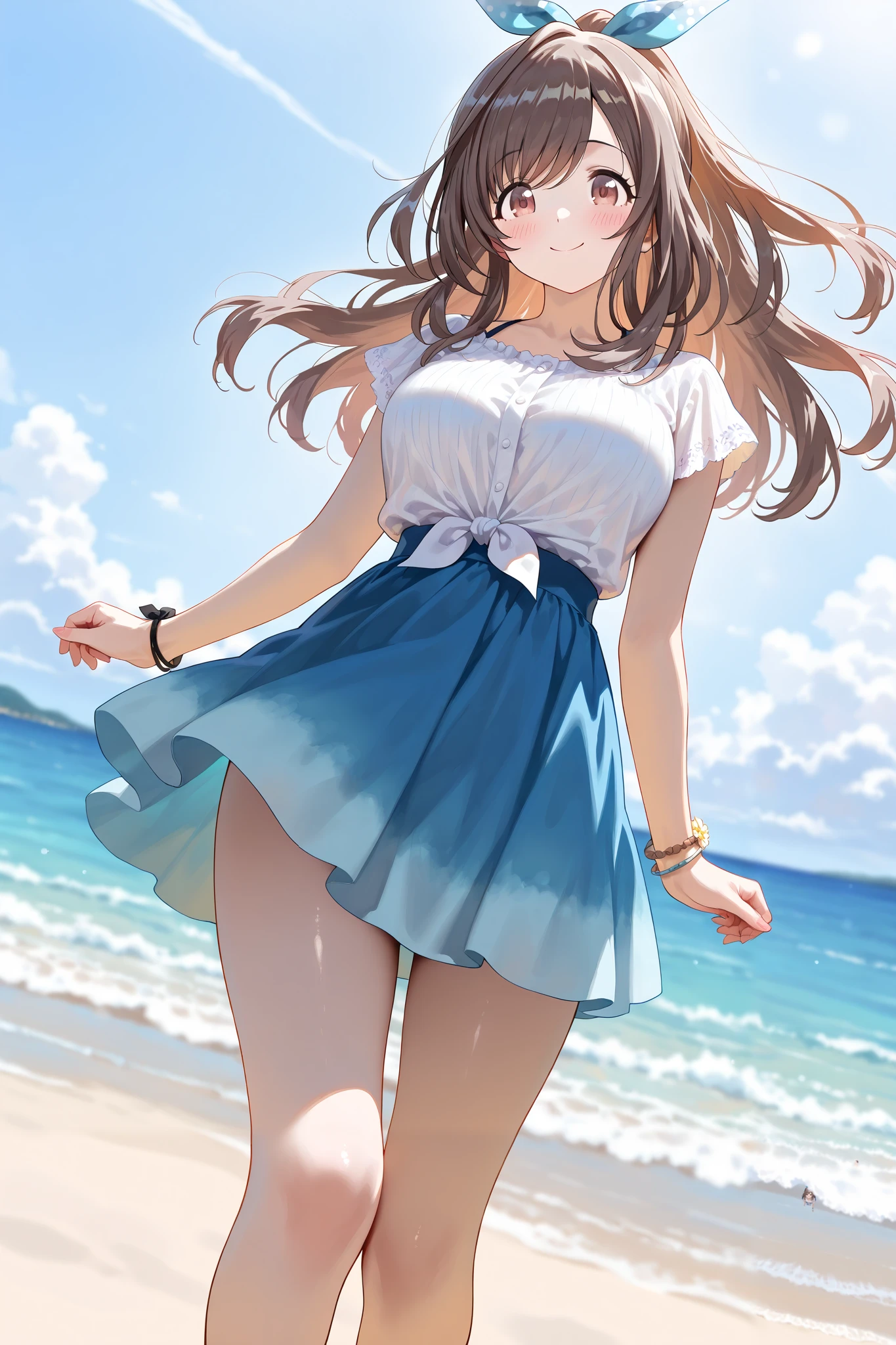 (Masterpiece:1.2), (Highest quality:1.1),
(Very detailed), (The best shape), (Best shadow), (Absurd), (Detailed Background), (So beautiful),
Shiny, Beautiful eyes in every detail, Extraordinary, Countershading, 8k, 32K, High resolution,
Very Detailed CG ,
Score_9, Score_8_up, Score_7_up, Source_anime,
(Pastel painting:1.2), (Watercolor painting:1.2),
(Masterpiece, Detailed:1.2), (Foreshortening:1.2),
Cinematic, Dramatic, (Depth of field:1.4),
(Blurry background:1.4), (Realistic background:1.4),
1 girl, Solo, Dynamic angle, from below,
Outdoors, (Coast:1.2), Beach, Wind, (Blue sky:0.8),
Tsukioka Kogane,
the idolmaster shiny colors,
(Brown eyes:1.3), (Brown hair:1.1), Ponytail,
Hair ribbon, Light blue hair ribbon,
(Casual wear:1.3),
(Linen color shirt:1.4), Ruffled cuffs, (Shirt hem:1.2),
(Shirt with tied ends:1.3), short sleeves shirt,
Skirt, Blue skirt, (Gradient skirt:0.8),
Bracelet, Wear a bracelet on her right hand,
(Blush:1.3),
Portrait,
Close up shot,
(Belly button:0.5),
Happy, Smile,
Focus on face,
Realistic skin,
Shiny skin,