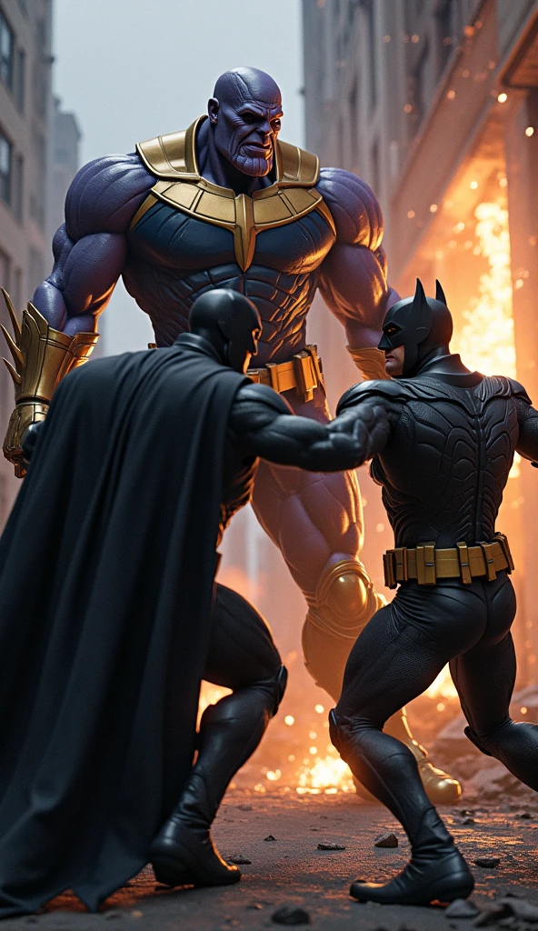 Batman attacking thanos in an alternate timeline gotham city