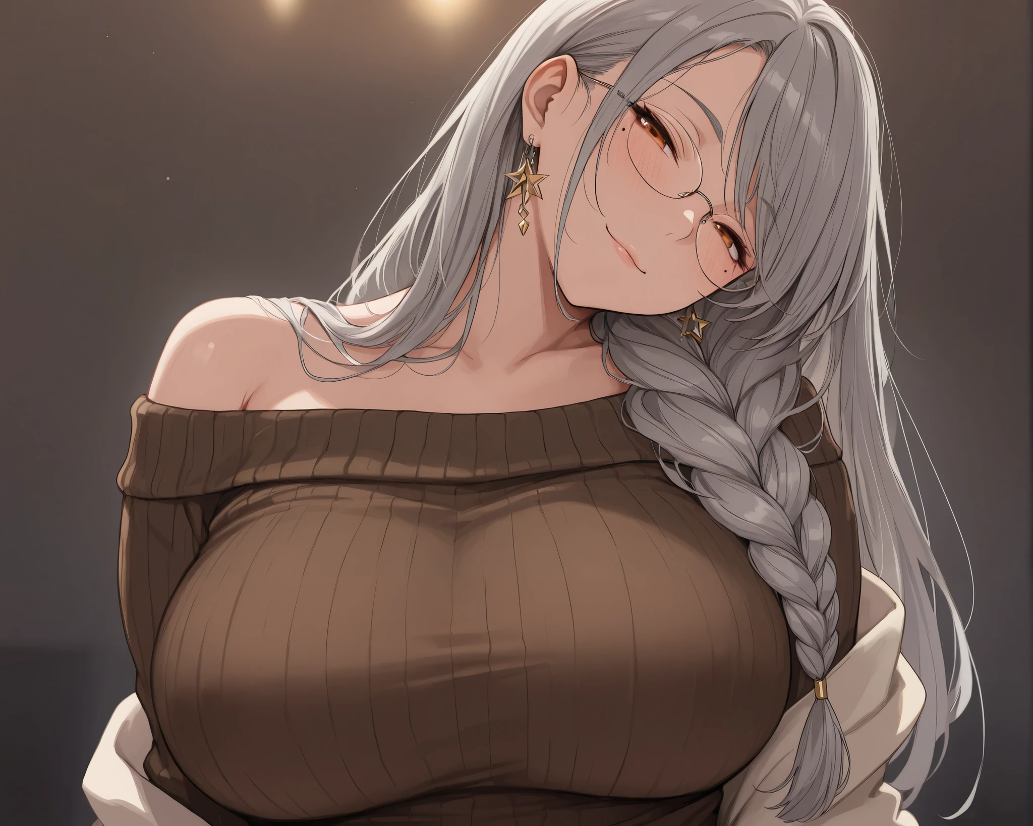 ((solo)), upper body, mature female, curvy beauty, ((grayhair with silver hair ends)), braid hair, long hair, straight hair, glasses, orange eyes, half closed eyes, mole under eye, head tilt, large breasts, star earring, long sleeves, sweater, off shoulder, smile like a goddess, looking at viewer, amazing masterpiece, top quality, high fashion, absurdres extremely, HDR, intricate details, vivid colors