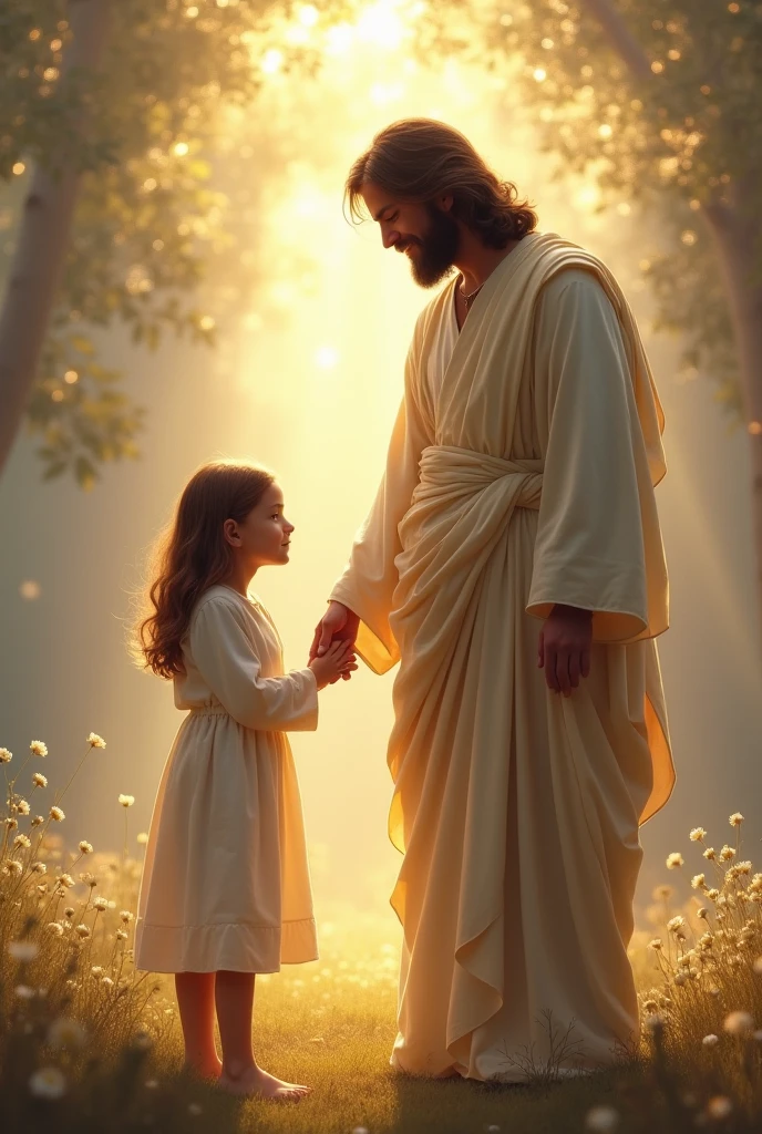 Jesus praying with a 12 year teen girl.mystical background