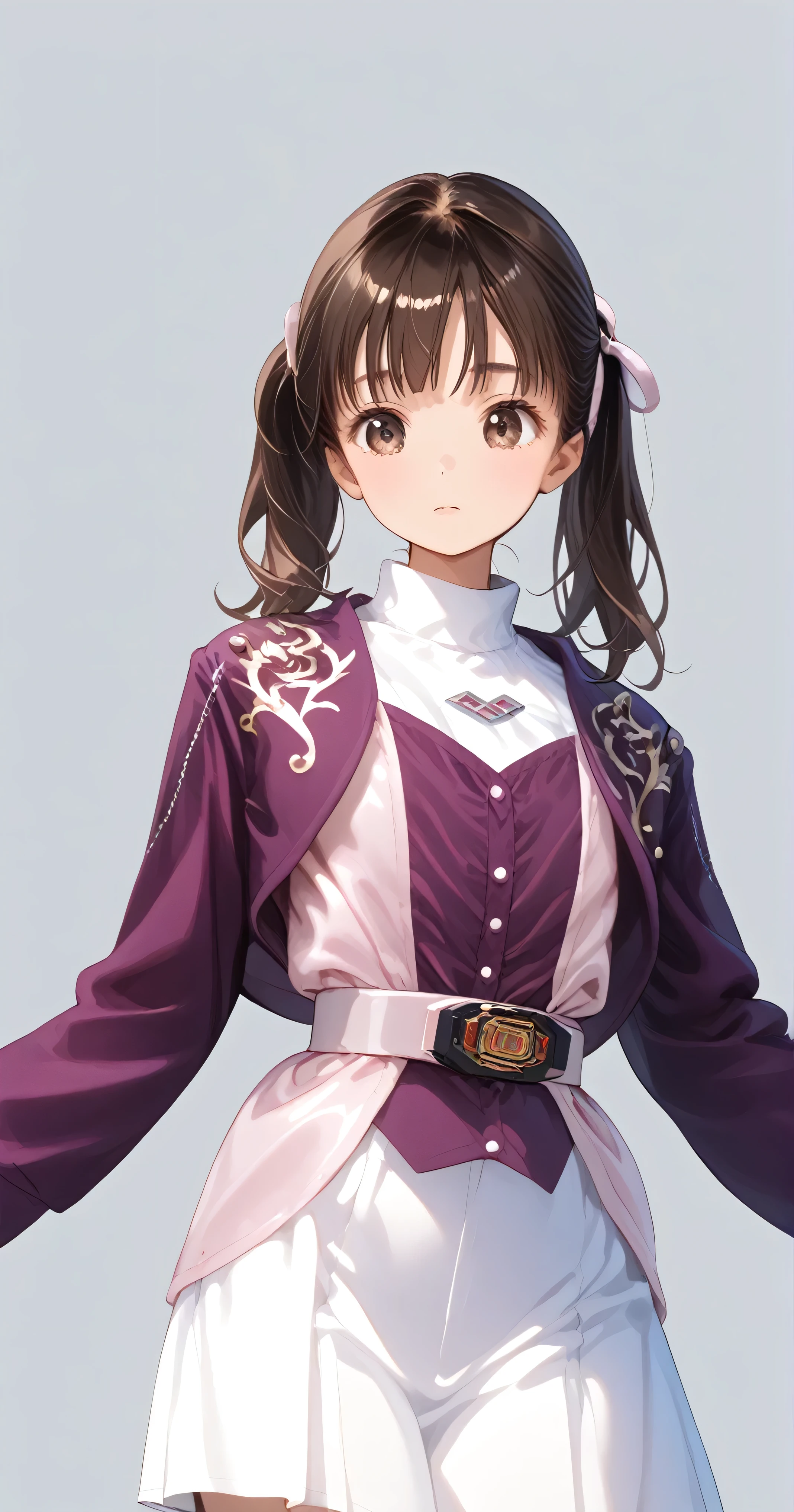 (高精細CG), (top quality),((frontal view)), (( grey background)),((Composition showing the top from the waist)),((Lower your arms)),((standing straight with hands extended)),(( 1girl )),perfect face, shiny skin , wide hips, thin waist, purple bolero jacket, Long Sleeve, (((white skirt))), pink belt , ((brown hair)),((Straight Hair)),