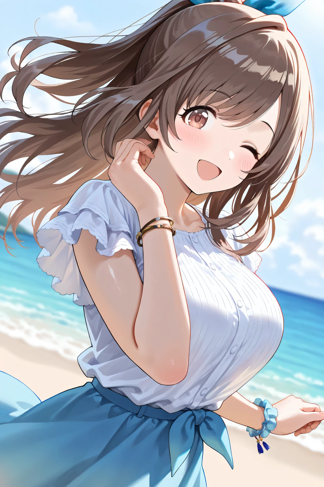 (Masterpiece:1.2), (Highest quality:1.1),
(Very detailed), (The best shape), (Best shadow), (Absurd), (Detailed Background), (So beautiful),
Shiny, Beautiful eyes in every detail, Extraordinary, Countershading, 8k, 32K, High resolution,
Very Detailed CG ,
Score_9, Score_8_up, Score_7_up, Source_anime,
(Pastel painting:1.2), (Watercolor painting:1.2),
(Masterpiece, Detailed:1.2), (Foreshortening:1.2),
Cinematic, Dramatic, (Depth of field:1.4),
(Blurry background:1.4), (Realistic background:1.4),
1 girl, Solo, Dynamic angle, from below,
Outdoors, (Coast:1.2), Beach, Wind, (Blue sky:0.8),
Tsukioka Kogane,
the idolmaster shiny colors,
(Brown eyes:1.3), (Brown hair:1.1), Ponytail,
Hair ribbon, Light blue hair ribbon,
(Casual wear:1.3),
(Linen color shirt:1.4), Ruffled cuffs, (Shirt hem:1.2),
(Shirt with tied ends:1.3), short sleeves shirt,
Skirt, Blue skirt, (Gradient skirt:0.8),
Bracelet, Wear a bracelet on her right hand,
(Blush:1.3),
Portrait,
Close up shot,
(Belly button:0.5),
Happy, Smile, One eye closed,
Focus on face,
Realistic skin,
Shiny skin,