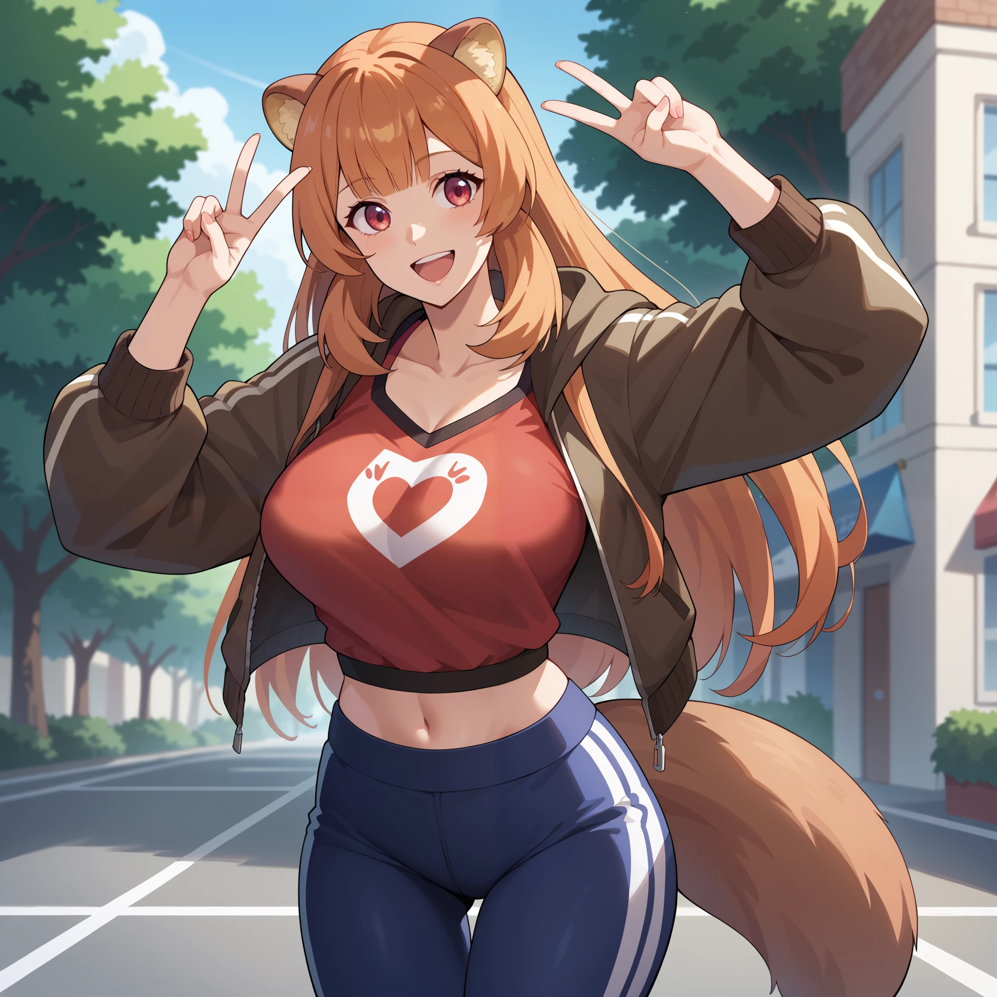 raphtalia, a beautiful young woman with bright orange hair and intense red eyes. Her rounded animal ears peek out of her silky hair. happy smile, big, firm breasts\  She wears simple clothes  (hooded parka , \ , and wears loose-fitting sports pants , casual street pop style , BREAK She walks as if she were dancing , very happy , Blessed by her many friends , Thank you , wonderful realism , resolution 4k ,  Natural Details  , Realistic illustrations by experts , intense pop colors , attractive lighting , Dynamic composition , Ambiente divertido , Comprehensive balance adjustments , tails ,
INFO

