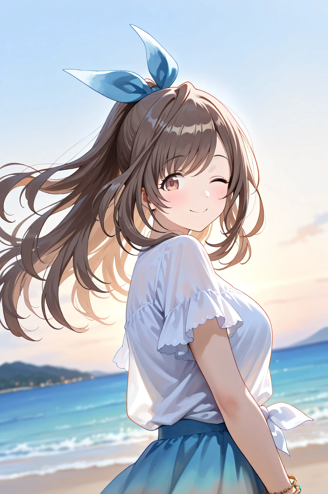 (Masterpiece:1.2), (Highest quality:1.1),
(Very detailed), (The best shape), (Best shadow), (Absurd), (Detailed Background), (So beautiful),
Shiny, Beautiful eyes in every detail, Extraordinary, Countershading, 8k, 32K, High resolution,
Very Detailed CG ,
Score_9, Score_8_up, Score_7_up, Source_anime,
(Pastel painting:1.2), (Watercolor painting:1.2),
(Masterpiece, Detailed:1.2), (Foreshortening:1.2),
Cinematic, Dramatic, (Depth of field:1.4),
(Blurry background:1.4), (Realistic background:1.4),
1 girl, Solo, Dynamic angle, from below,
Outdoors, (Coast:1.2), Beach, Wind, (Blue sky:0.8),
Tsukioka Kogane,
the idolmaster shiny colors,
(Brown eyes:1.3), (Brown hair:1.1), Ponytail,
Hair ribbon, Light blue hair ribbon,
(Casual wear:1.3),
(Linen color shirt:1.4), Ruffled cuffs, (Shirt hem:1.2),
(Shirt with tied ends:1.3), short sleeves shirt,
Skirt, Blue skirt, (Gradient skirt:0.8),
Bracelet, Wear a bracelet on her right hand,
(Blush:1.3),
Portrait,
Close up shot,
(Belly button:0.5),
Happy, Smile, One eye closed,
Focus on face,
Realistic skin,
Shiny skin,