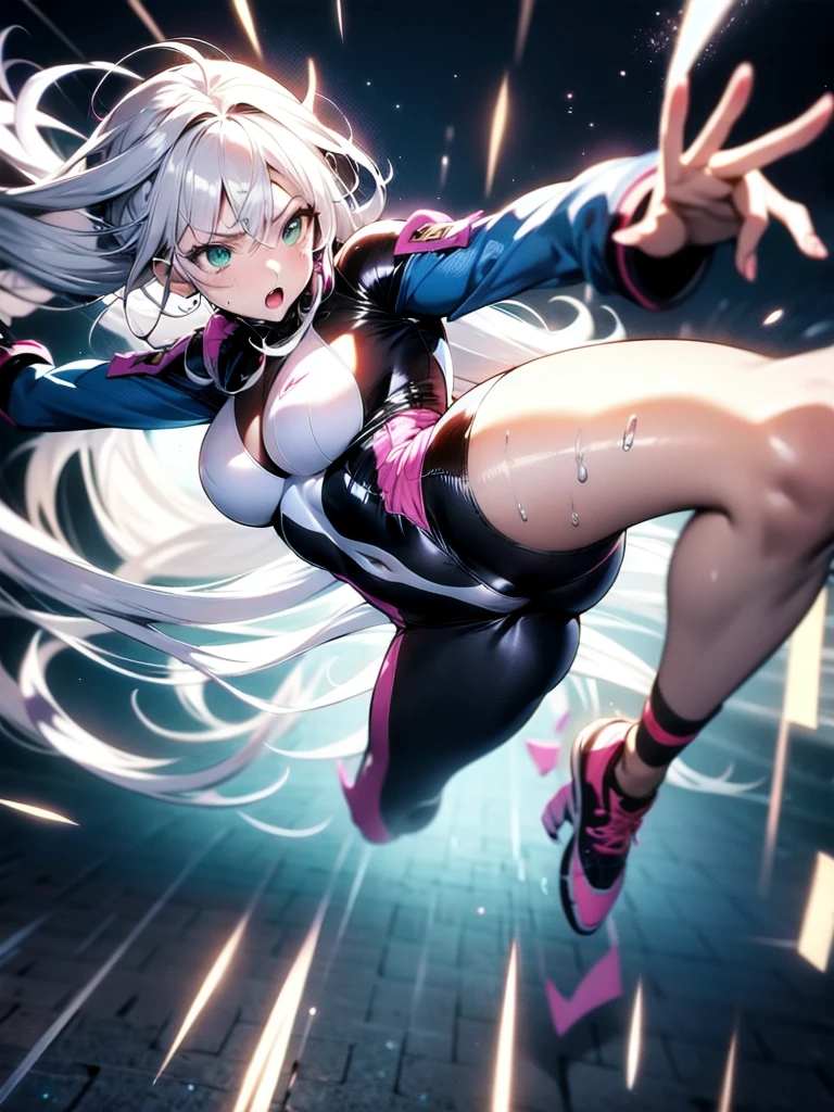 a woman jumping from building to building, beautiful eyes, beautiful girl, high detail skin, high detail eyes, high detail hair, highres, ultra detailed, sharpen picture, Highly detailed, masterpiece, best quality, smiling <lora:NiwamaruLoRA:0.8> niwamaru, with short white hair, pink googles on head, white and black crop jacket with fur, tiny tube top, black stockings, black shorts, shoes,((portrait:1.2)), cinematic lighting
