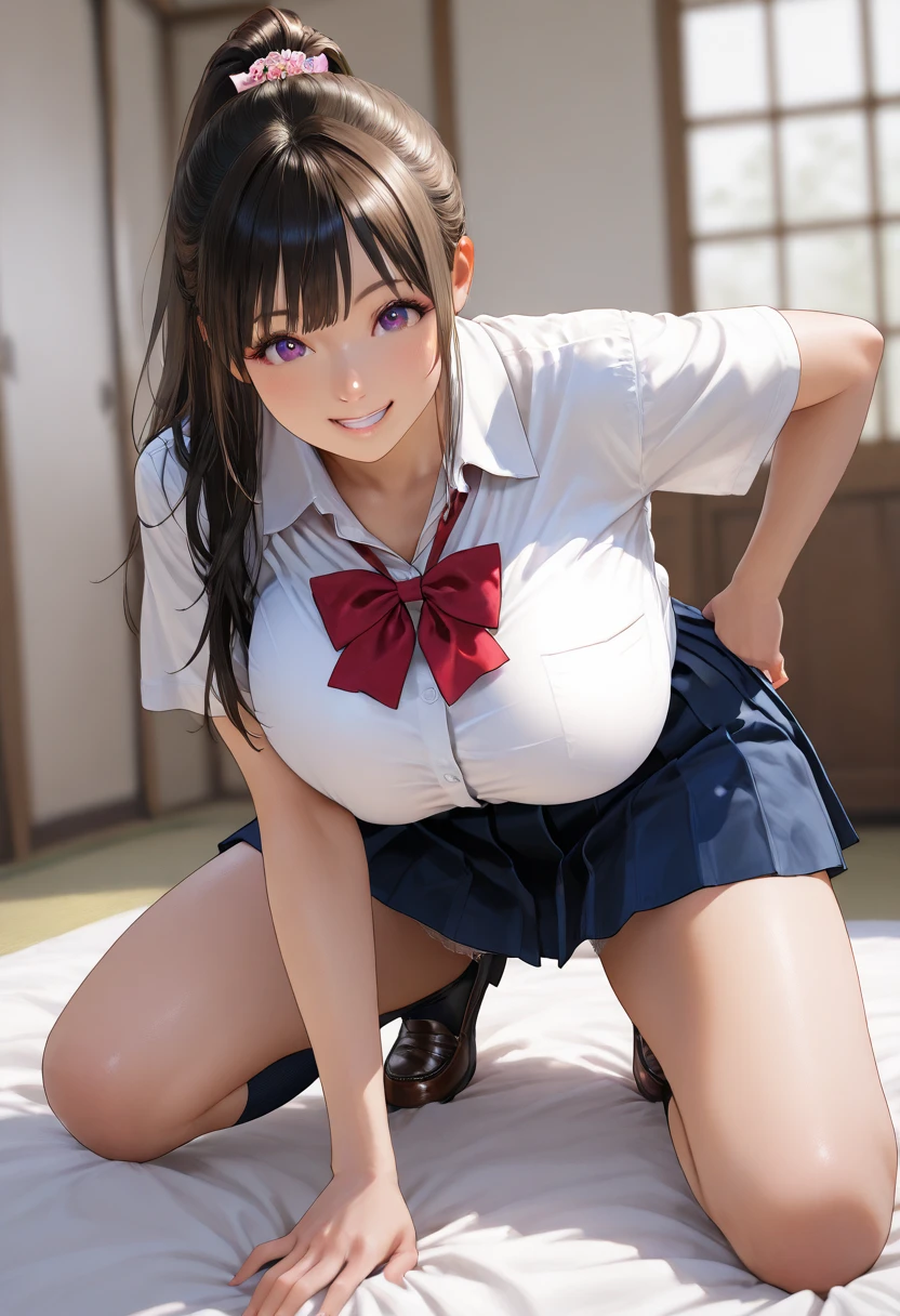 highest quality,masterpiece, High resolution, 8K,  detailed background、Beautiful teenage girl、(1 woman)、 twintail hair、black hair、perfect body、huge breasts、white sailor suit、summer clothes、bright light blue sailor color、(bright light blue pleated skirt)、high socks、thick thighs、sitting、red eyes、Panty shot