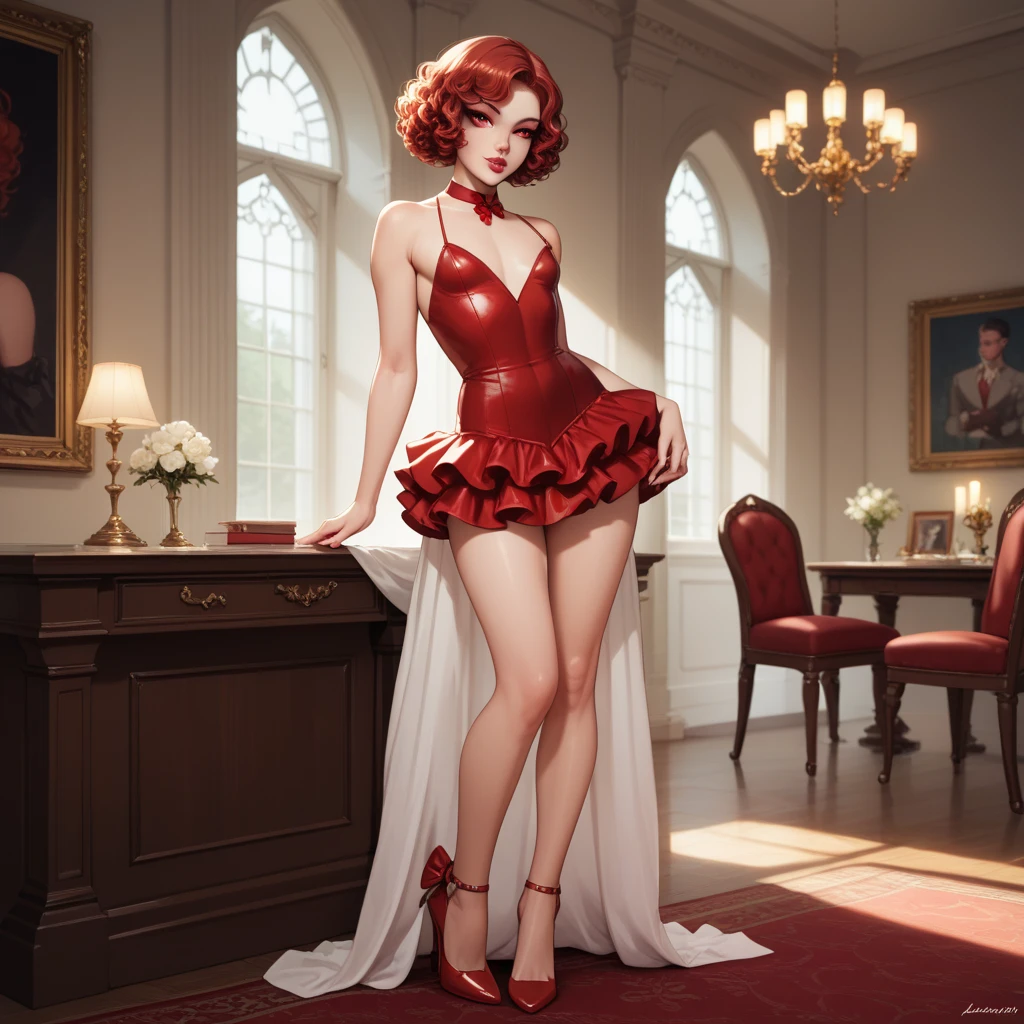Emma Watson, at a fancy restaurant, wearing a miniskirt, wearing a tight red dress, wearing a choker necklace, wearing fishnet stockings, small breasts, (small breasts:1.5), cleavage,