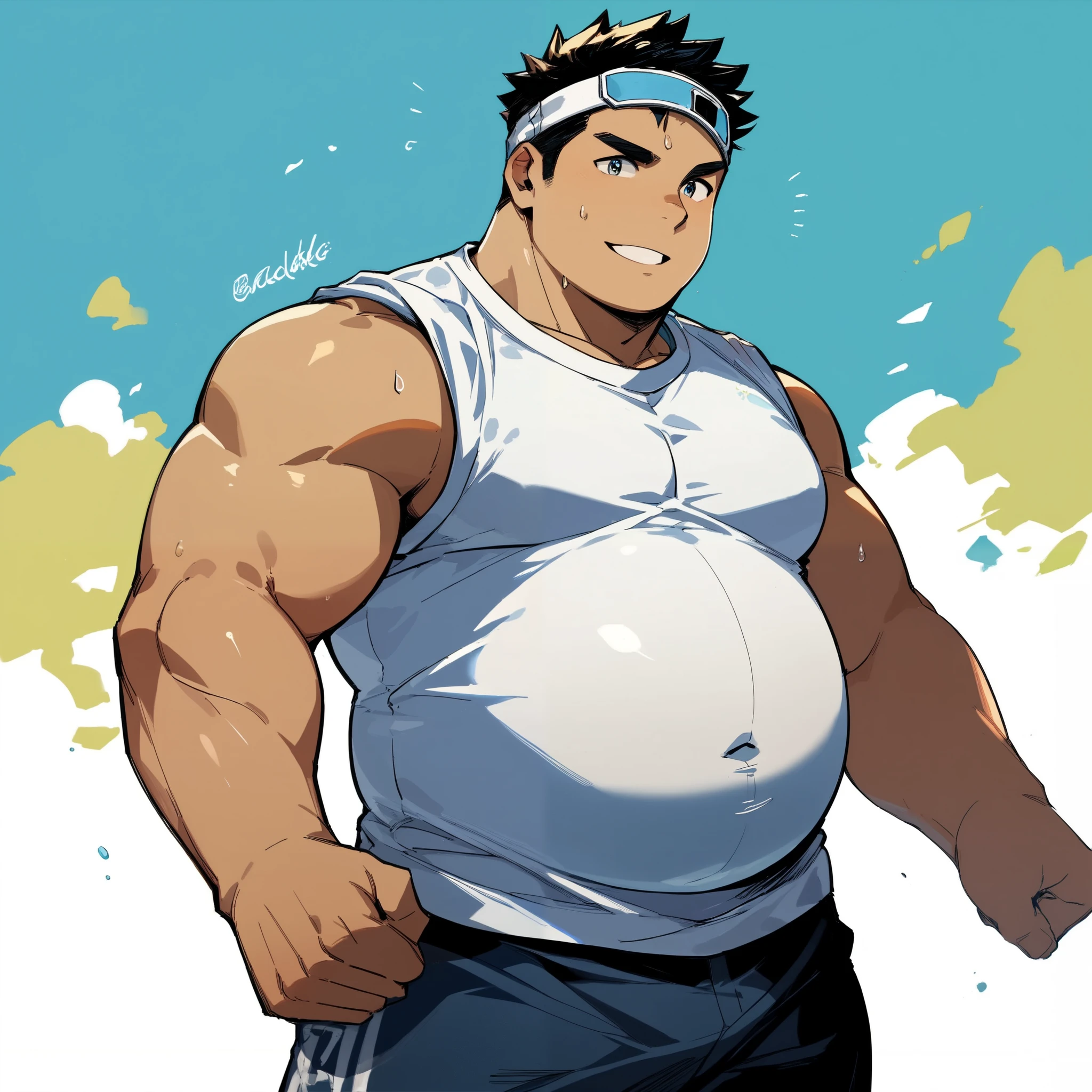 Obese males, (Big fat muscle:0.5), (very Bigger breasts:1.0), (Big belly:1.0), (Chubby face:1.0), Asian face,bushy beard,Man, 21yo, Wear leather shorts, (Wear yours with a T-shirt:1.0), (Very short hair:1.5), Retro comic style artwork,Full body like
