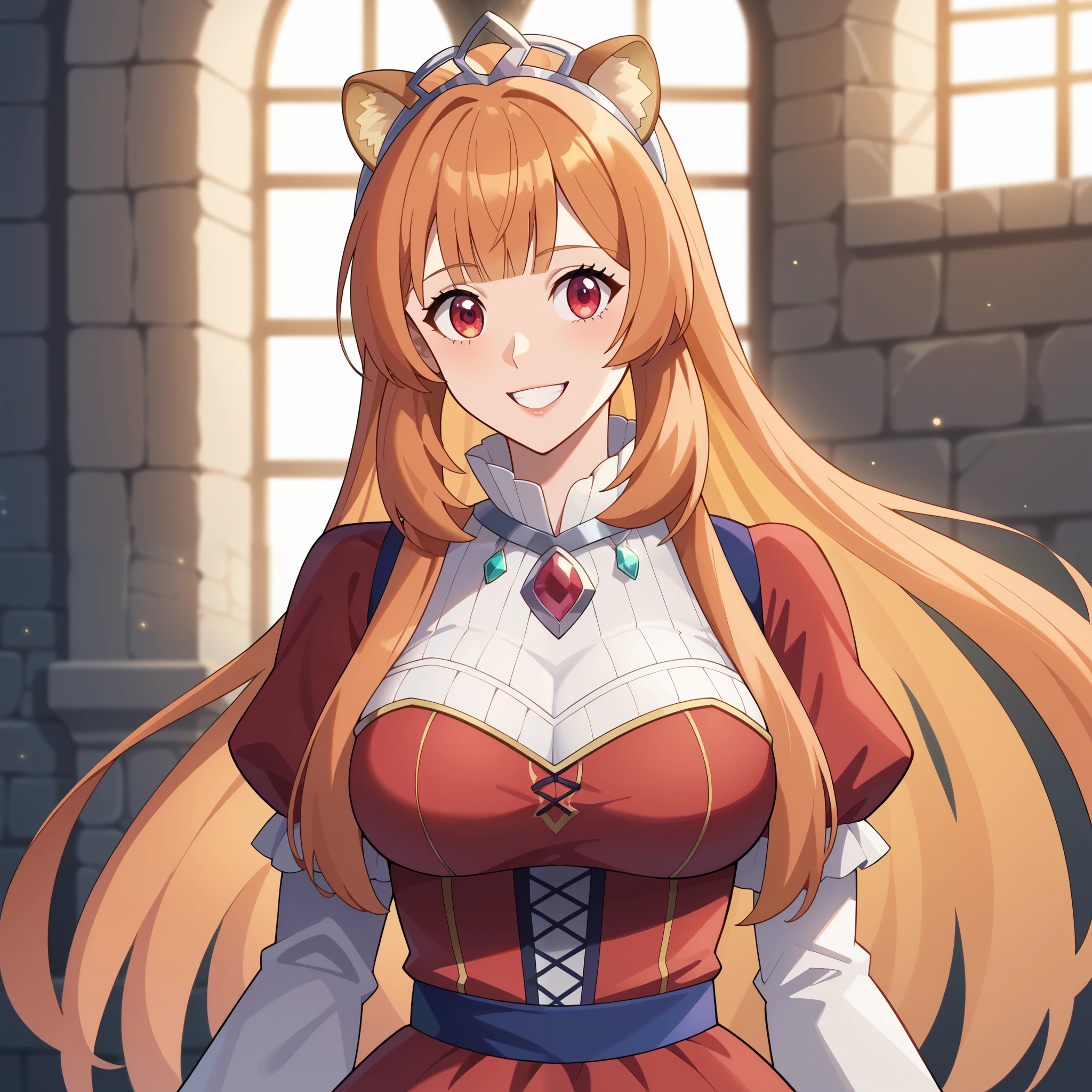 {{better quality}} , {{masterpiece}} , {{Detailed}} , {{High Quality}} , {{Precise proportions}} , raphtalia, a beautiful young woman with bright orange hair and intense red eyes. Her rounded animal ears peek out of her silky hair. happy smile, big, firm breasts, Princess , Dawn Star , royal clothing with jewels and star details , star themed Princess clothing , dress , flowy dress , sleeves , headdress with stars on the forehead , cascading star jewelry , medieval , pretty , splendid , awesome , model , castle garden background , perfect lighting , Golden hour , ultra-detailed body , ultra detailed face , masterpiece , fondo de pantalla CG de unidad 8K extremadamente detallado , better quality , 8K , sharp focus , realistic