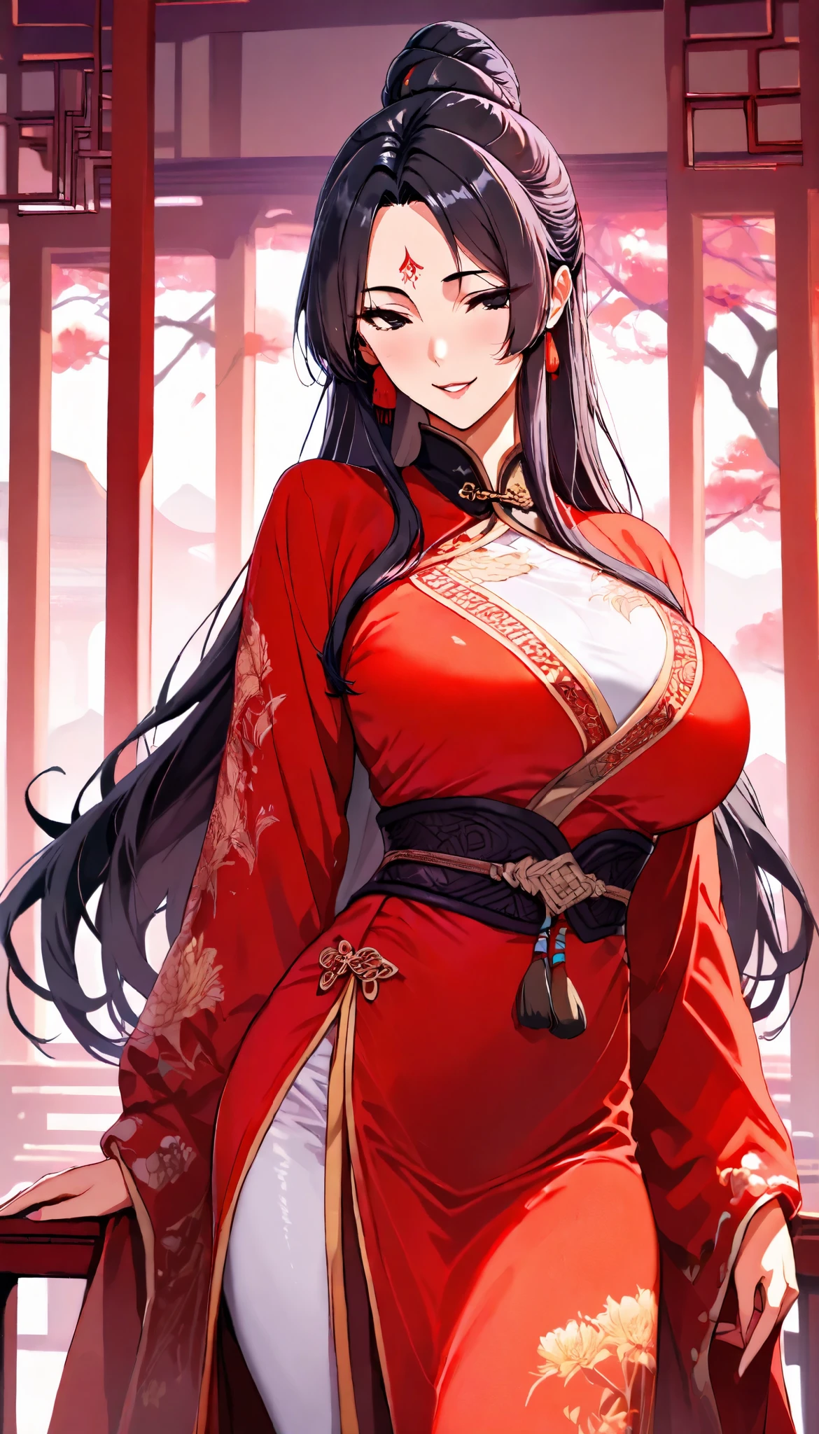 SOLO, A Female,Mature flavor, Perfect body, Oppai, (Chinese long hair,Black Hair,hair bun),(Black eyes),Red Forehead tattoo, Wearing A Red Chinese Robe(Hanfu type), In the Chinese classical Garden,Naughty face, seductive smile,UHD, anatomically correct, masterpiece, textured skin, high details, highres, 1080P, 16k, accurate, Beautiful face, Perfect face, Highly detailed beautiful face and eyes, Attractive face, Detailed face, Delicate facial features, Detailed skin,Cowboy shot,Look at the view,(((hbig bosom)))
