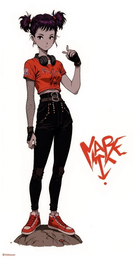 (masterpiece:1.2, best quality), (1girl, solo, upper body:1.2),flat face,Hair: buzz cut, Clothing: oversized, distressed denim jacket with patches and pins, paired with black skinny jeans and combat boots, Hanging out in an underground music venue or street art exhibit