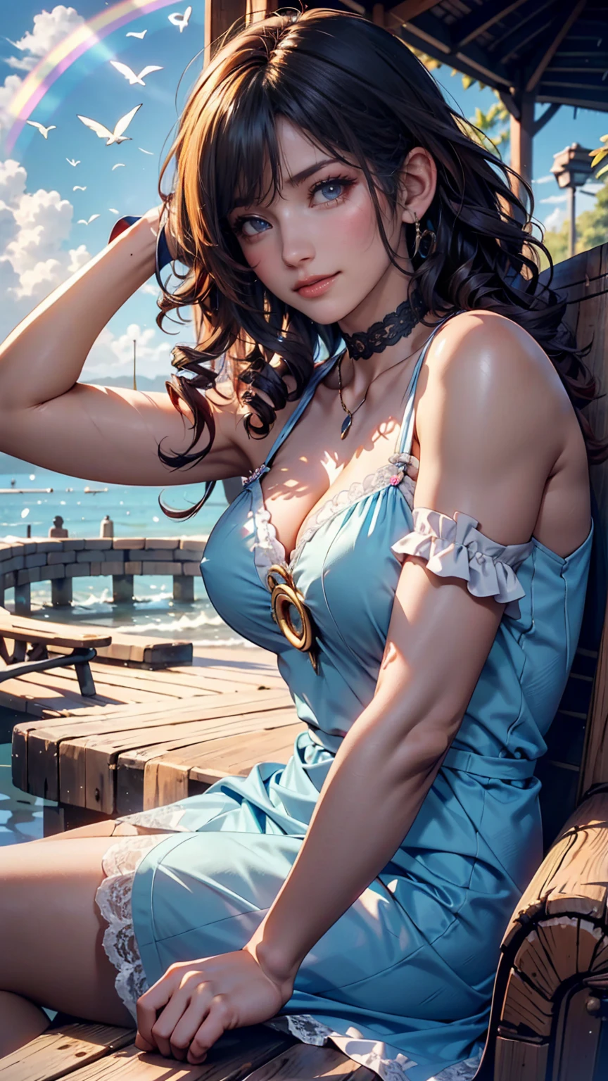 Gorgeous pirate girl on a pirate ship at sea, sexy girl, Short curly dark blonde hair, Oily skin, sexy masterpiece, Highest quality, Highest quality, High resolution, Very detailed, 8K, Athletic and healthy body, mischief, Perfect hands, Fine hand, Perfect Eyes, Fine grain, Frivolous, sexy, Realistic, High resolution, 超High resolution, dynamic, small , Cleavage, Intricate details, Pirate outfit, Piercing blue eyes, bright aqua blue eyes