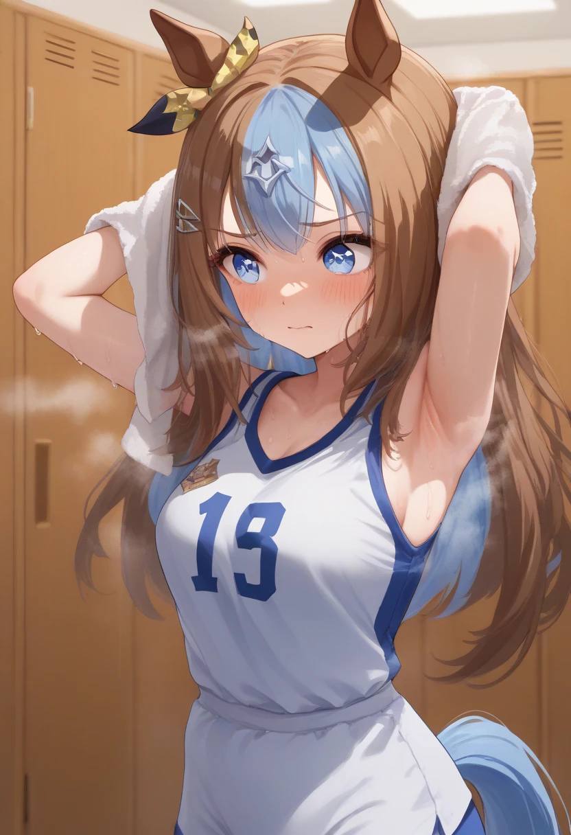 (One transcendent beautiful girl)、(((Volleyball Player))),ultra-detailed、(8K, RAW photo, best quality, masterpiece:1.2), (extremely detailed 8K wallpaper),professional lighting,sharp focus, depth of field、(((Detailed and accurate face))),((head shot)),((Highest quality)), ((masterpiece)), (((Volleyball Uniforms))),((Perfect Face、Beautiful Eyes)),(((Brown hair ponytail、Blue ribbon)))、(((Blushing、Sweat、Heavy breathing))),(((Embarrassing、Before climax、Ecstasy face)))、(((Pushed against a locker))),(((kabedon、Wall-don、Men's hands)))