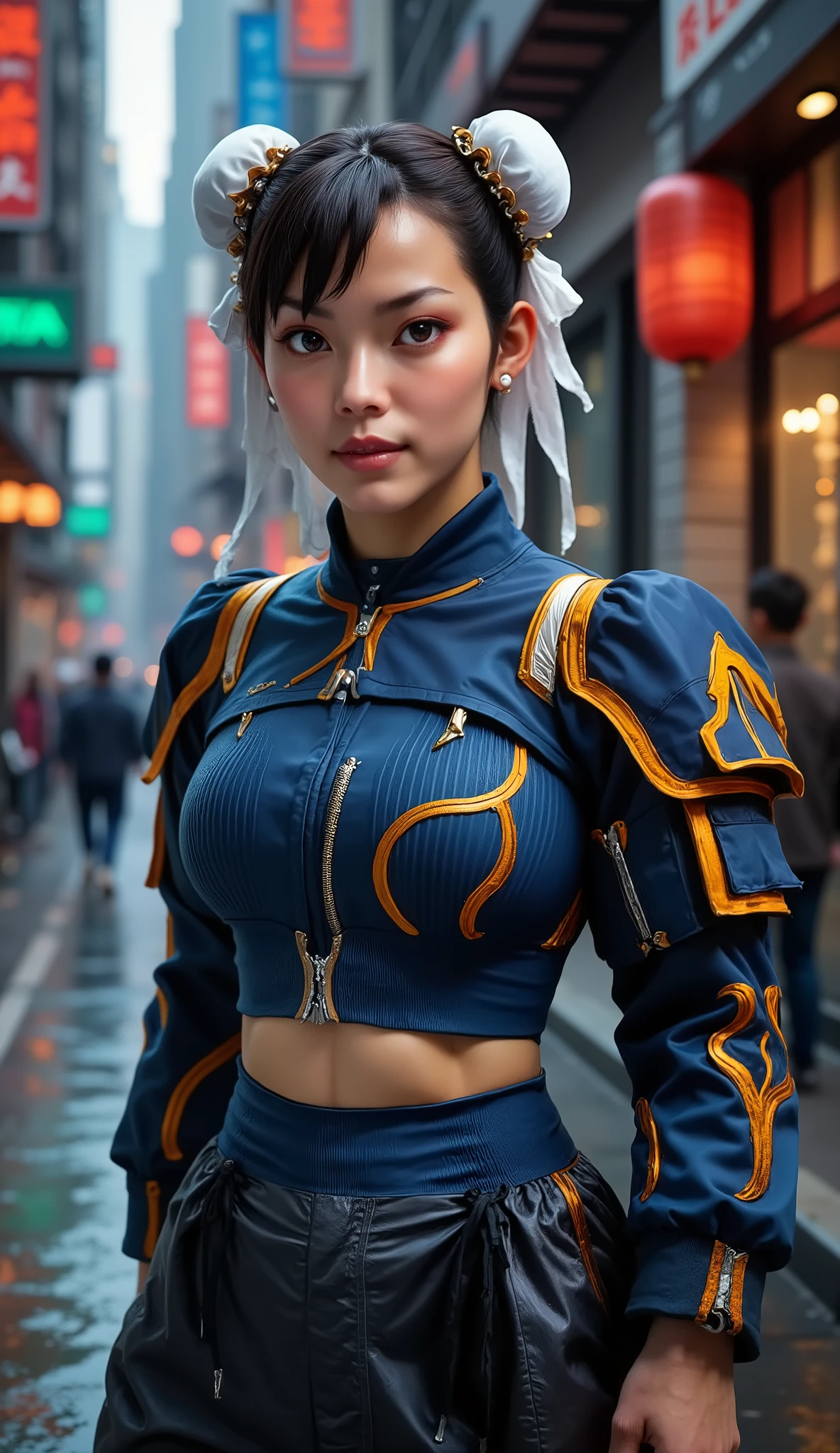 Chun li, Cyberpunk armor, dark legging, a hyper realistic and ultra detailed photo of a pretty, elegant, ultra realistic, gorgeous girl, perfect eyes, portrait, looking at viewer, standing, dark cyberpunk city background, kung fu pose,
