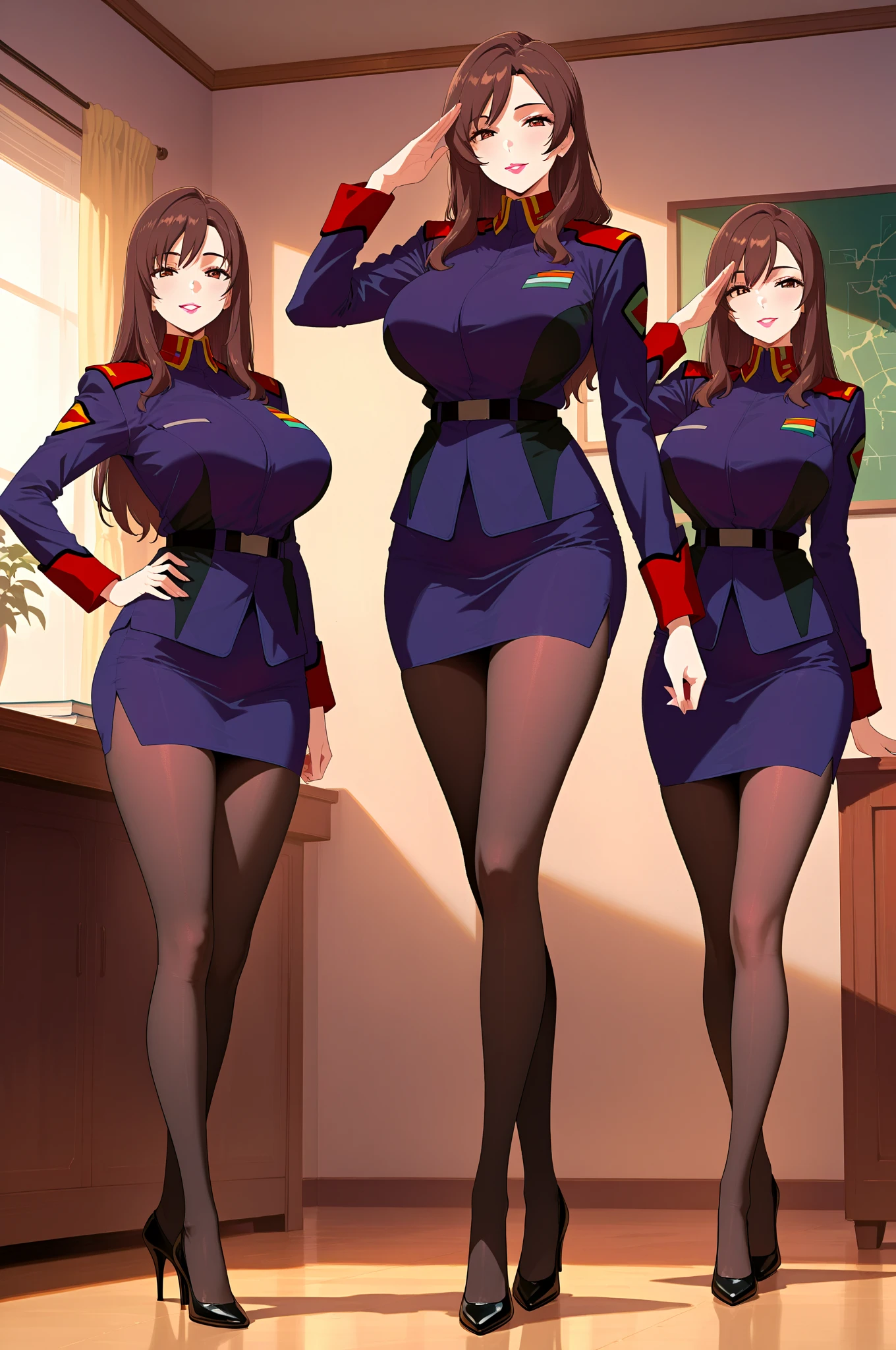 multiple thick body big breast females, some females standing and some females squatting side by side, females wearing business jacket with dark blue skirt open center show panties, females wear red panties, females (spread her legs), nsfw, show transparent bra, in business meeting room with glass window view of city, back view