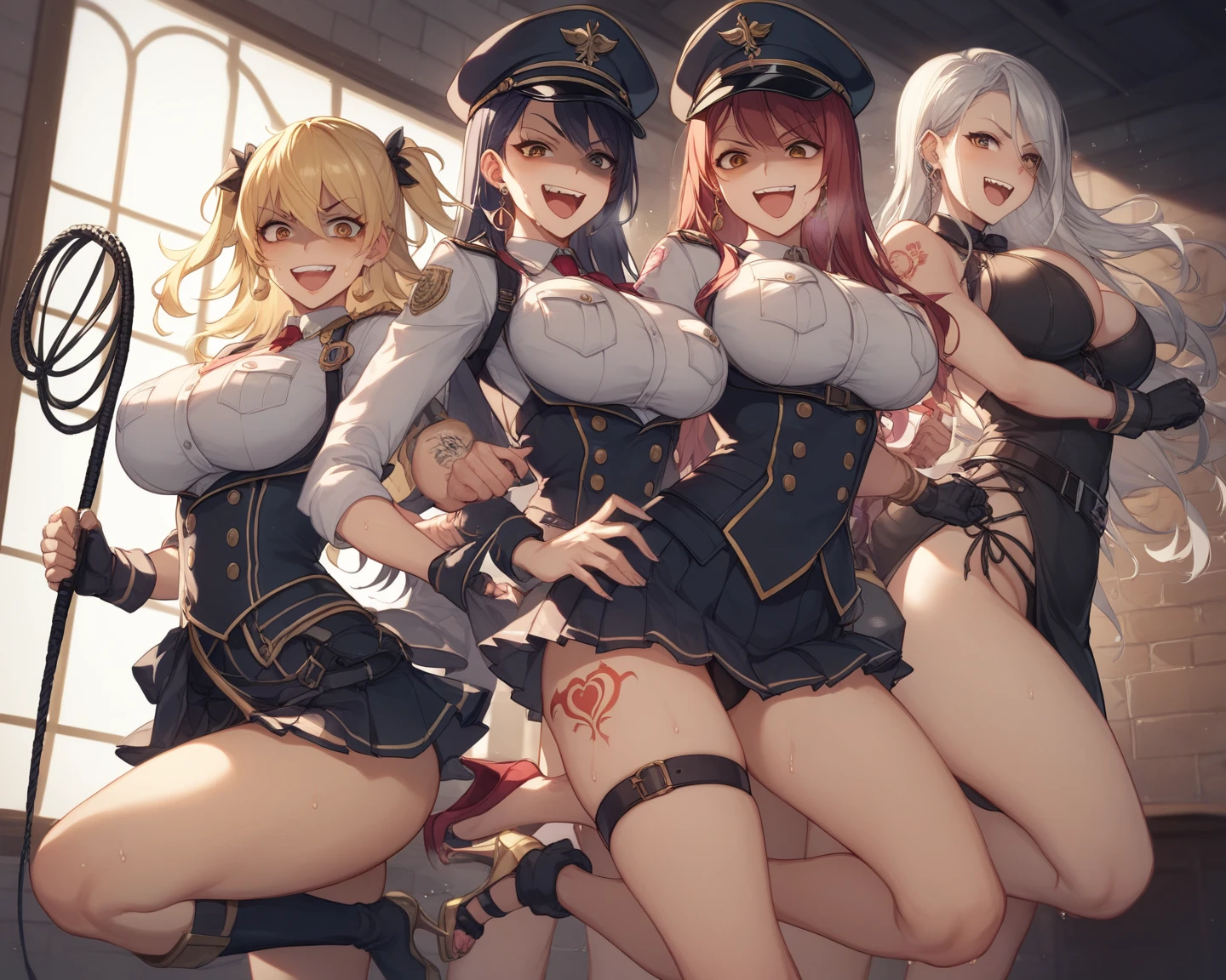 several girls, group photo, 5girls, standing, (salute), gold earrings, Big breasts, Jewelry, military cap, (military uniform), (epaulet), Jacket, curb, thigh strap, black thigh-high boots, (layered skirt), mini skirt, corruption, empty eyes, half-closed eyes, evil smile, no students, Smirk, 1 girl, ((mother)), mature woman, Married woman, dark theme, dark man, dent in the skin, wide hips, sfw