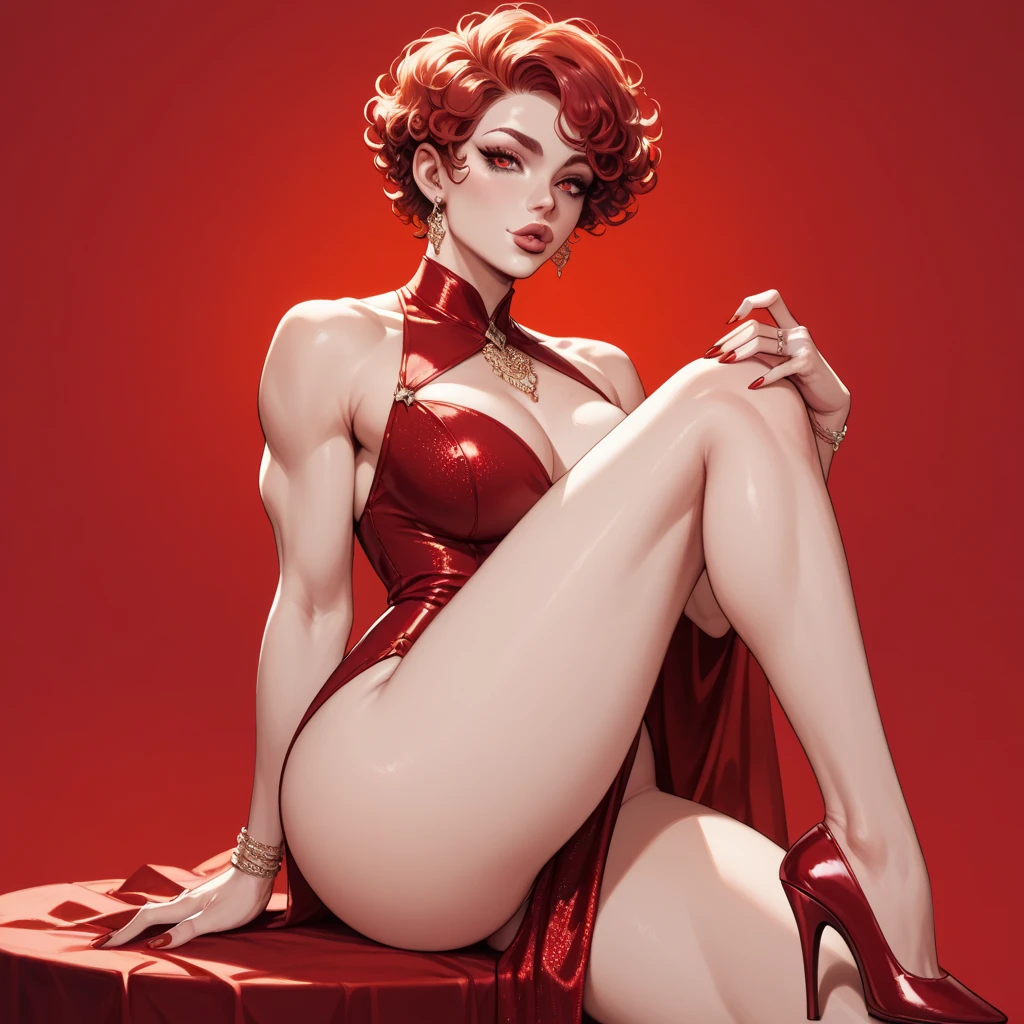 make a beautiful sorceress with flaming red short hair, bright and sensual red eyes, a small mouth with bright red lipstick, making a sensual expression for the screen, posing sensually with hands slightly raised as if casting fire magic, lifting your butt showing your beautiful curves, wearing a beautiful luxurious witch's hat, wearing a sensual black thong bodysuit with an open neckline showing part of her large breasts, a pair of sexy torn pantyhose and a witch's boot covers part of her feathers, a burning forest environment with depth effects, effects of fire particles traveling through the environment, richness of details, vivid warm colors, 3d realism, full body view, large photo
