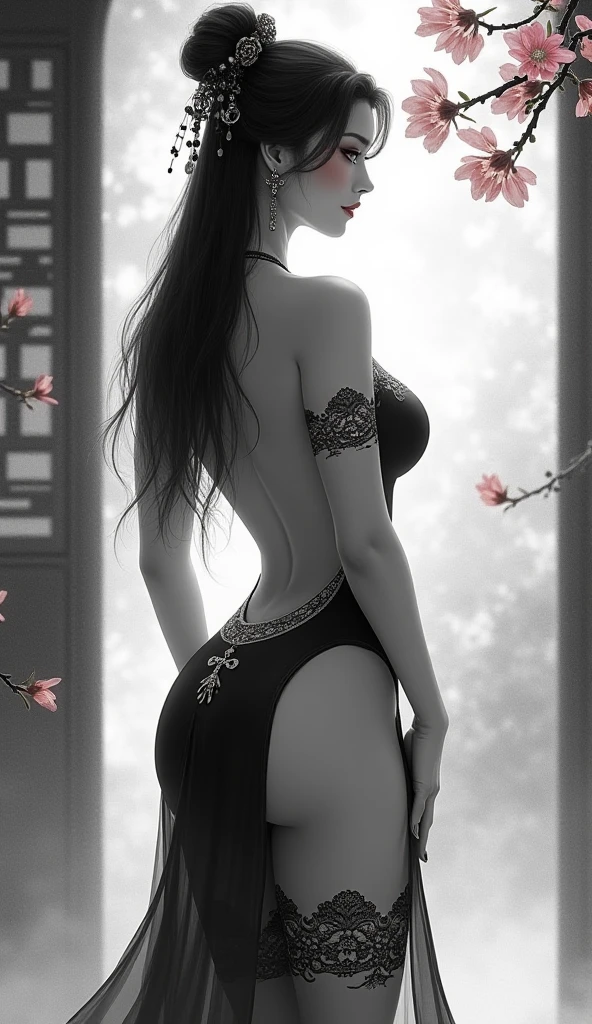 movie portrait photography, 1girl, 13 years old, correct body structure, perfect body, fair skin, pretty face, detailed face, blush, face, maid hair ornament, charming body, slim, wide hips, thin waist, high fork gymnastic suit, black bra, black lace panties, busty & deep, black pantyhose, long legs, no skirt, stockings, thigh stockings, standing on bench with full body photo, leg focus, view from behind, back, fair skin, bare shoulder length, serenity, calm, (Realistic Details, Natural Skin Texture, Realistic Face Details), Soft Dramatic Lighting, Fine Details, Surrealism, 35mm Film, 16k, Peony, Rose, Cherry Blossom, Rainforest, Lots of Flowers, Juice:1.3)