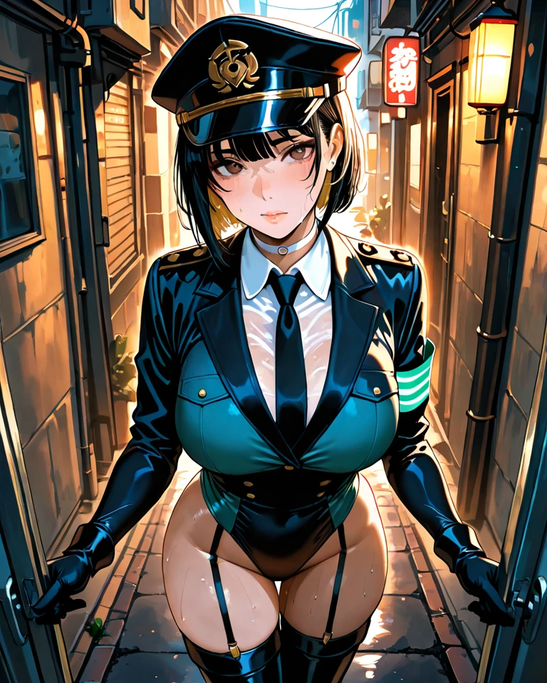 One adult woman, In the crowd, Laura S... Alseid (Long dark blue hair, Ponytail and side bangs, Small Huge Breasts), (Inspired by the cold steel road) Exposing your genitals in front of a large crowd of people,Black pubic hair,Nipples,Leg spread,Show it all, At the Military Academy, Embarrassing,Humiliation face,focus,