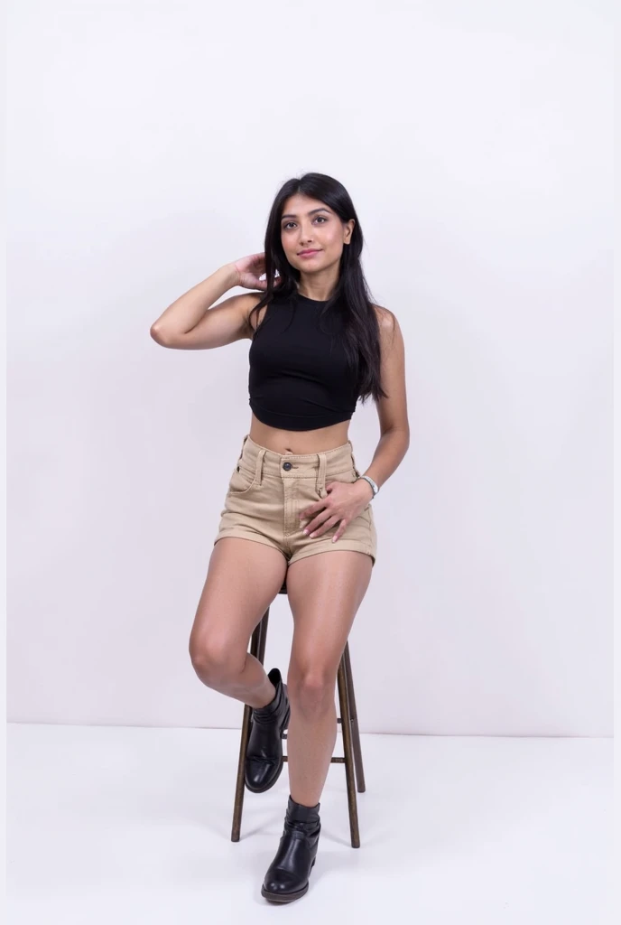 Brazilian girl about 11 years old, wearing tshirt and tight jeans shorts, smiling, full body